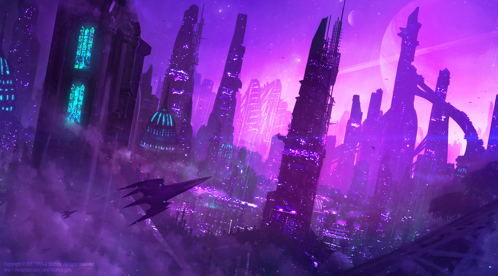 Futuristic Cityscape with Spaceships HD Wallpaper
