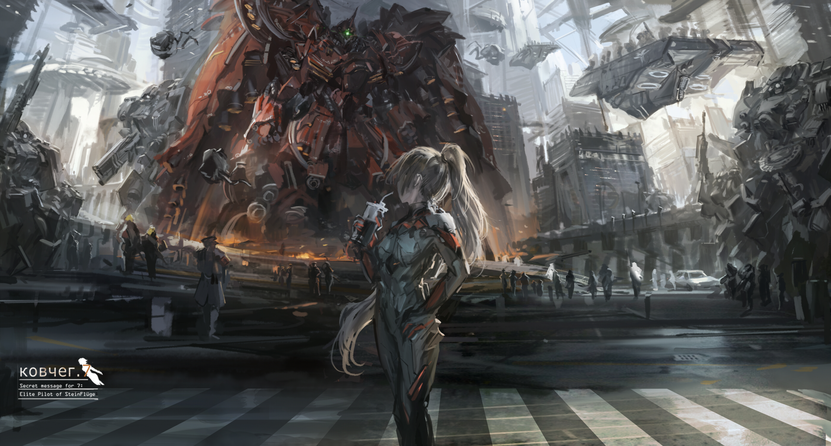 Anime girl in sci-fi suit with giant robot and futuristic city HD Wallpaper