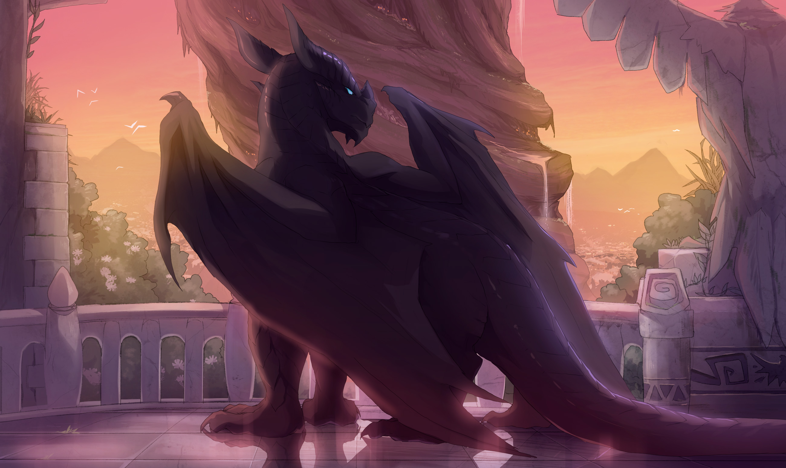 Dragon overlooking a valley at sunset HD Wallpaper