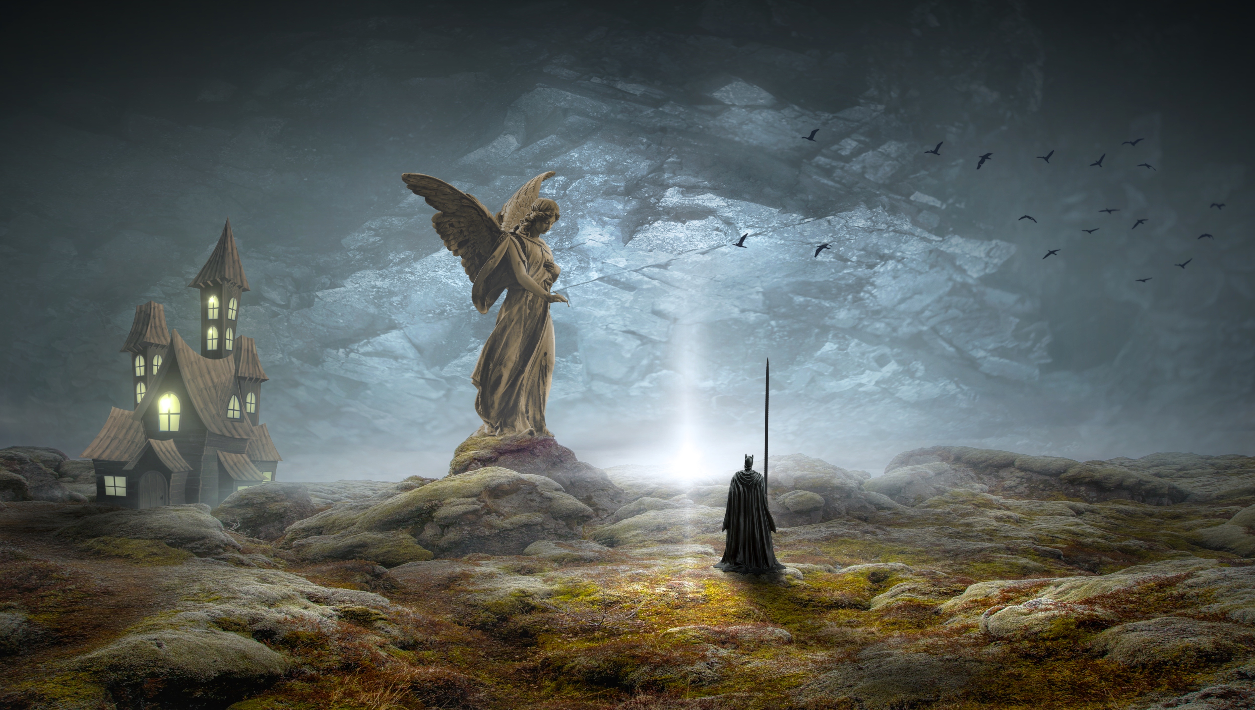 Fantasy landscape with angel statue and cloaked figure HD Wallpaper