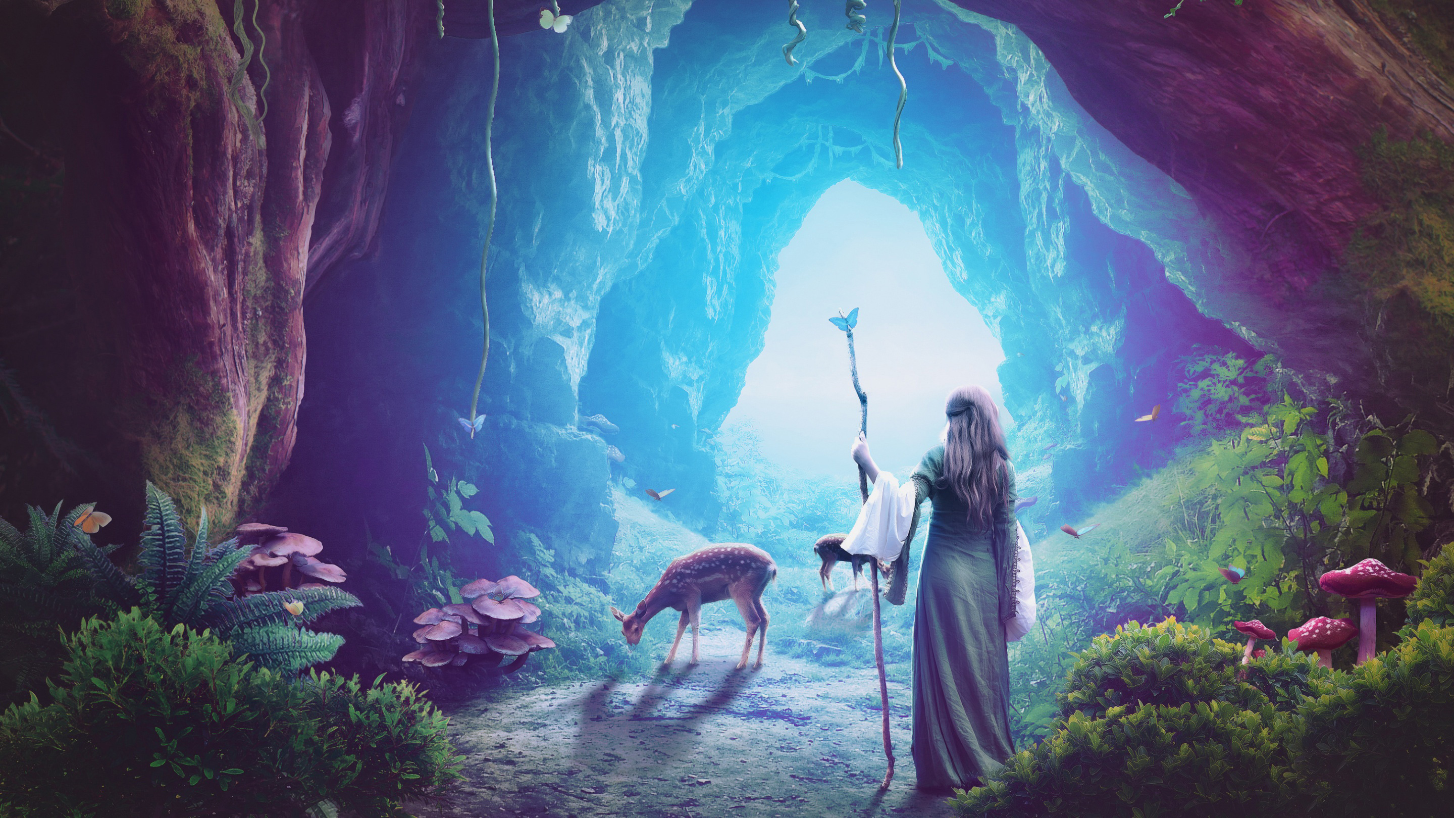 Fantasy cave with a woman and a deer HD Wallpaper