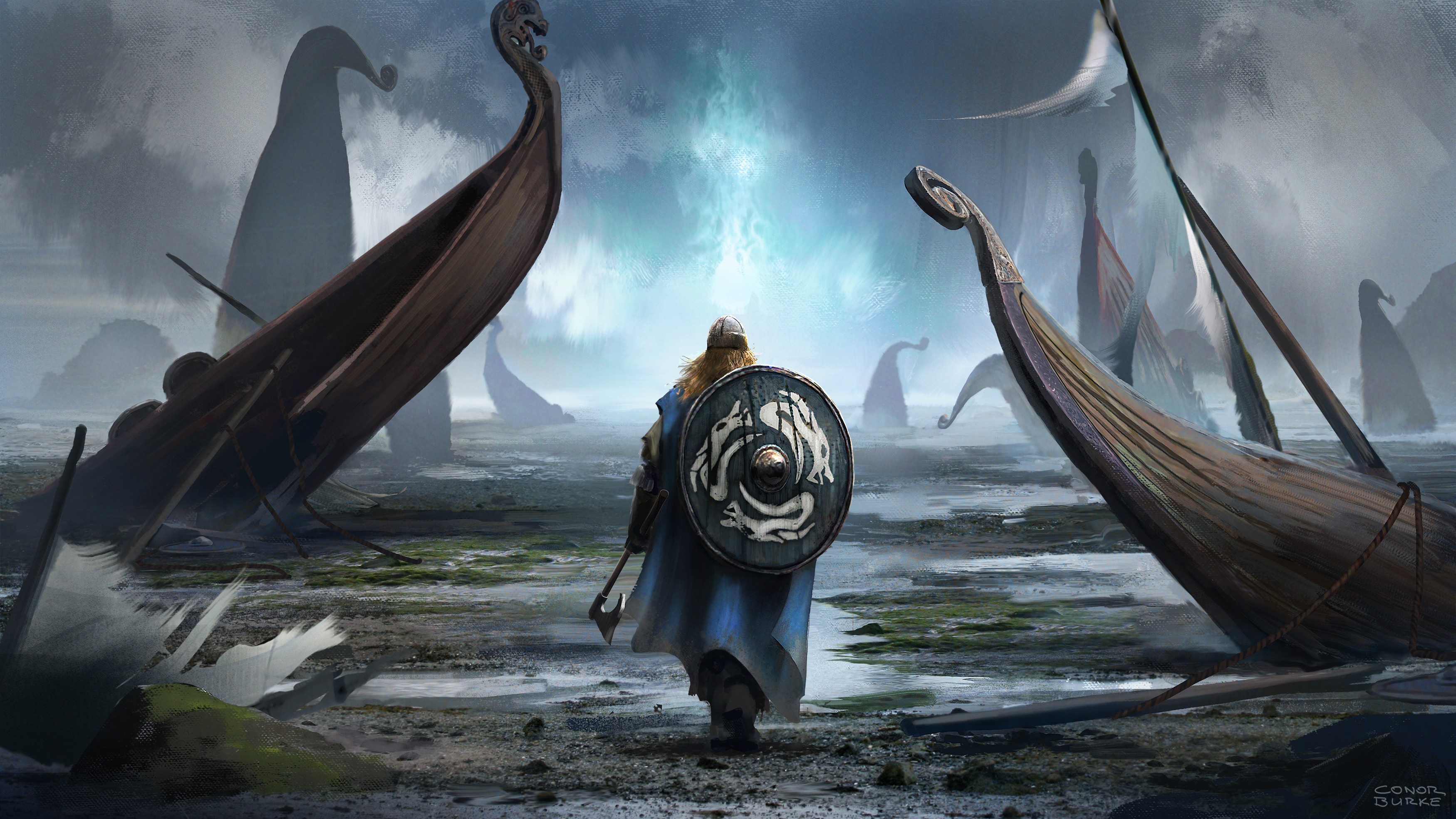 Viking warrior with shield and axe facing a glowing portal HD Wallpaper