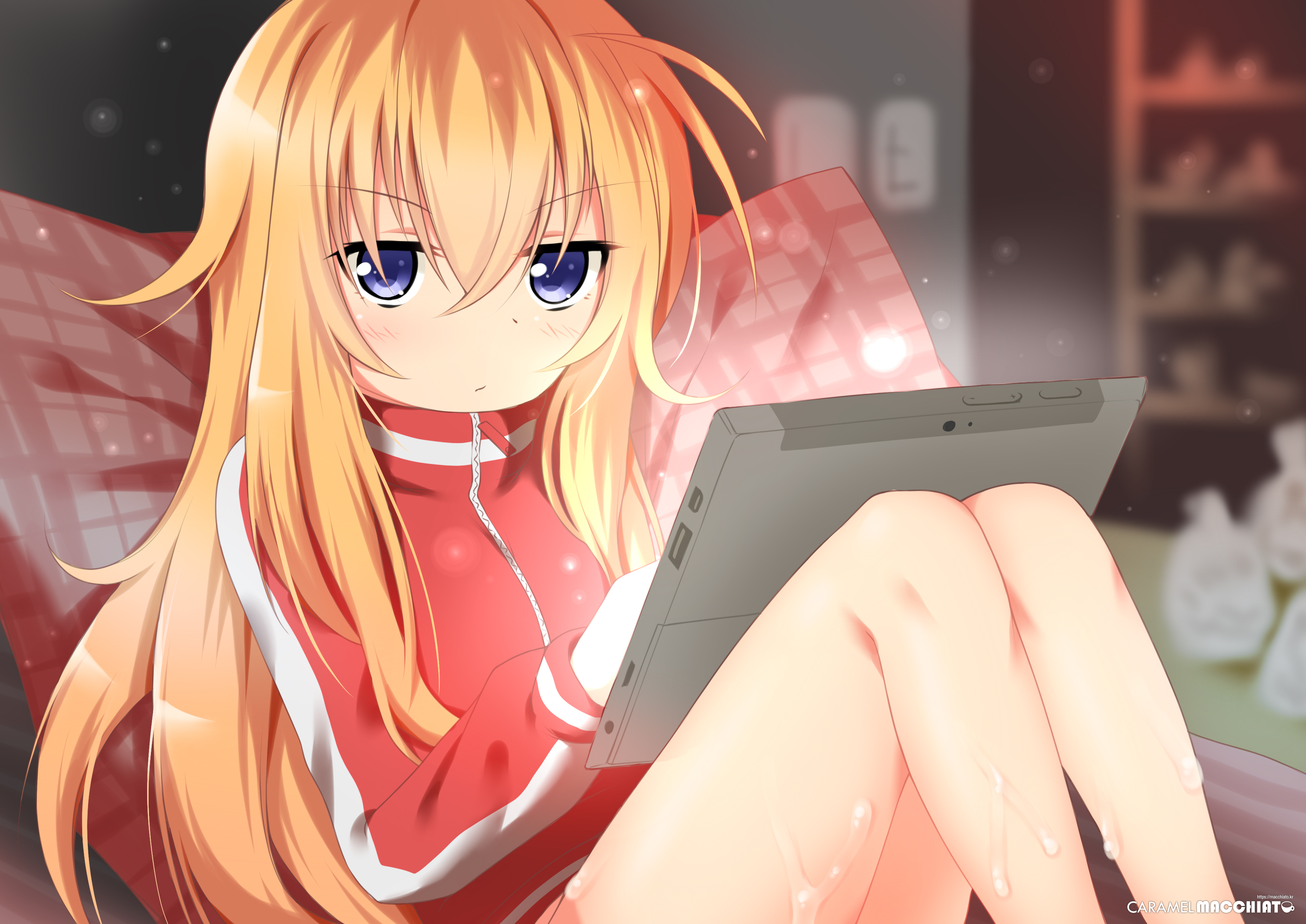 Anime girl with blonde hair using a tablet HD Wallpaper