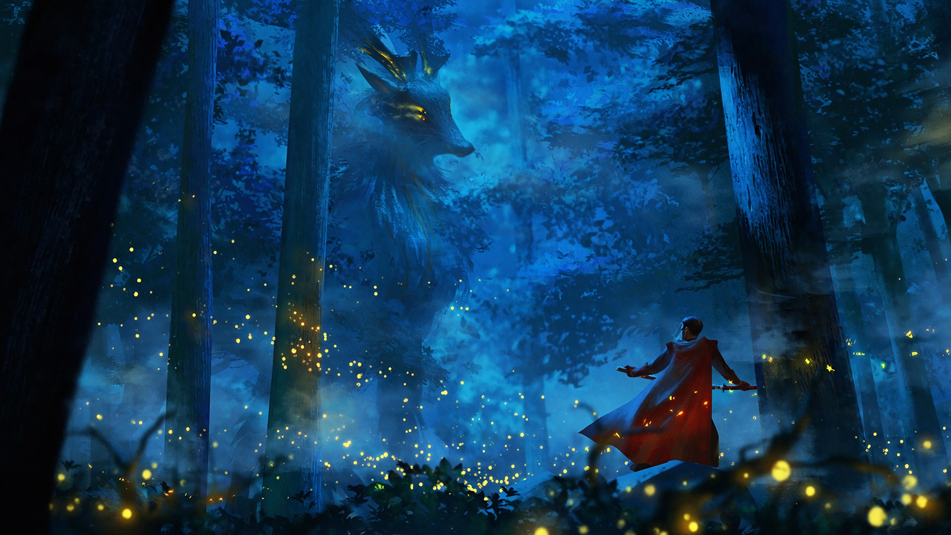 Creature and warrior in a magical forest HD Wallpaper