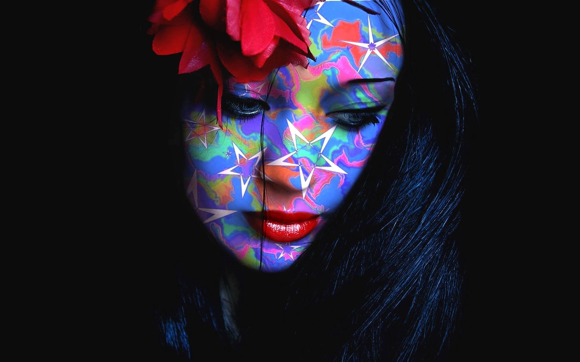 Colorful Star Pattern Face Painting with Red Flower HD Wallpaper