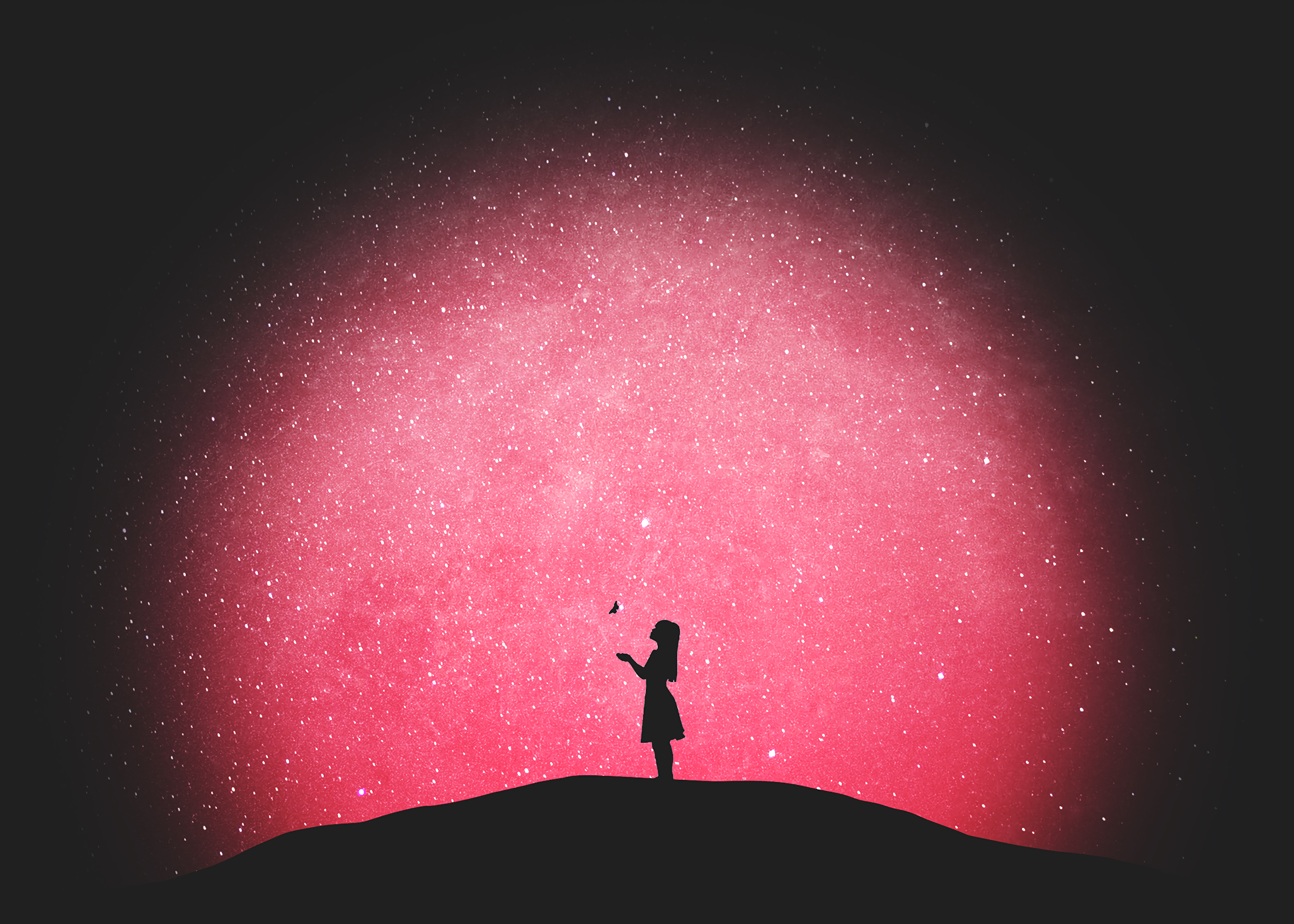 Girl with butterfly under pink starry sky HD Wallpaper