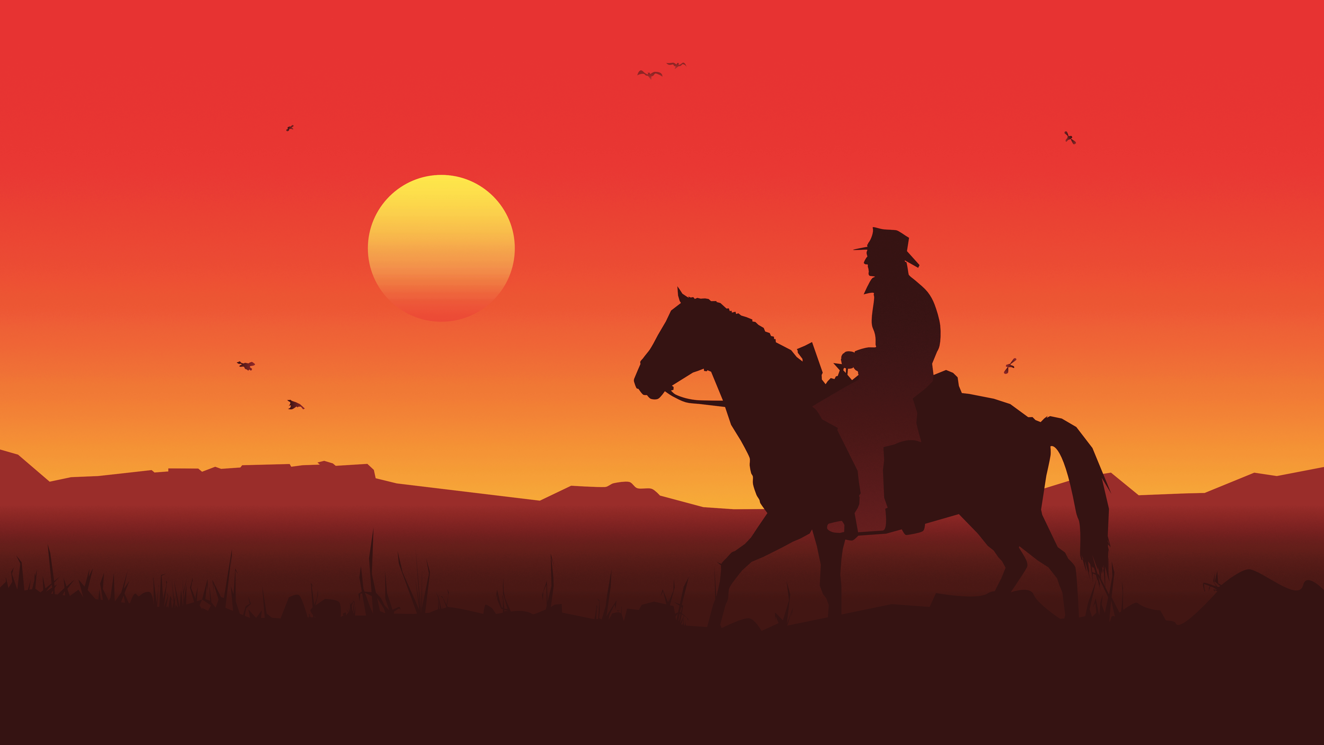 Cowboy on horseback at sunset in Red Dead Redemption 2 HD Wallpaper