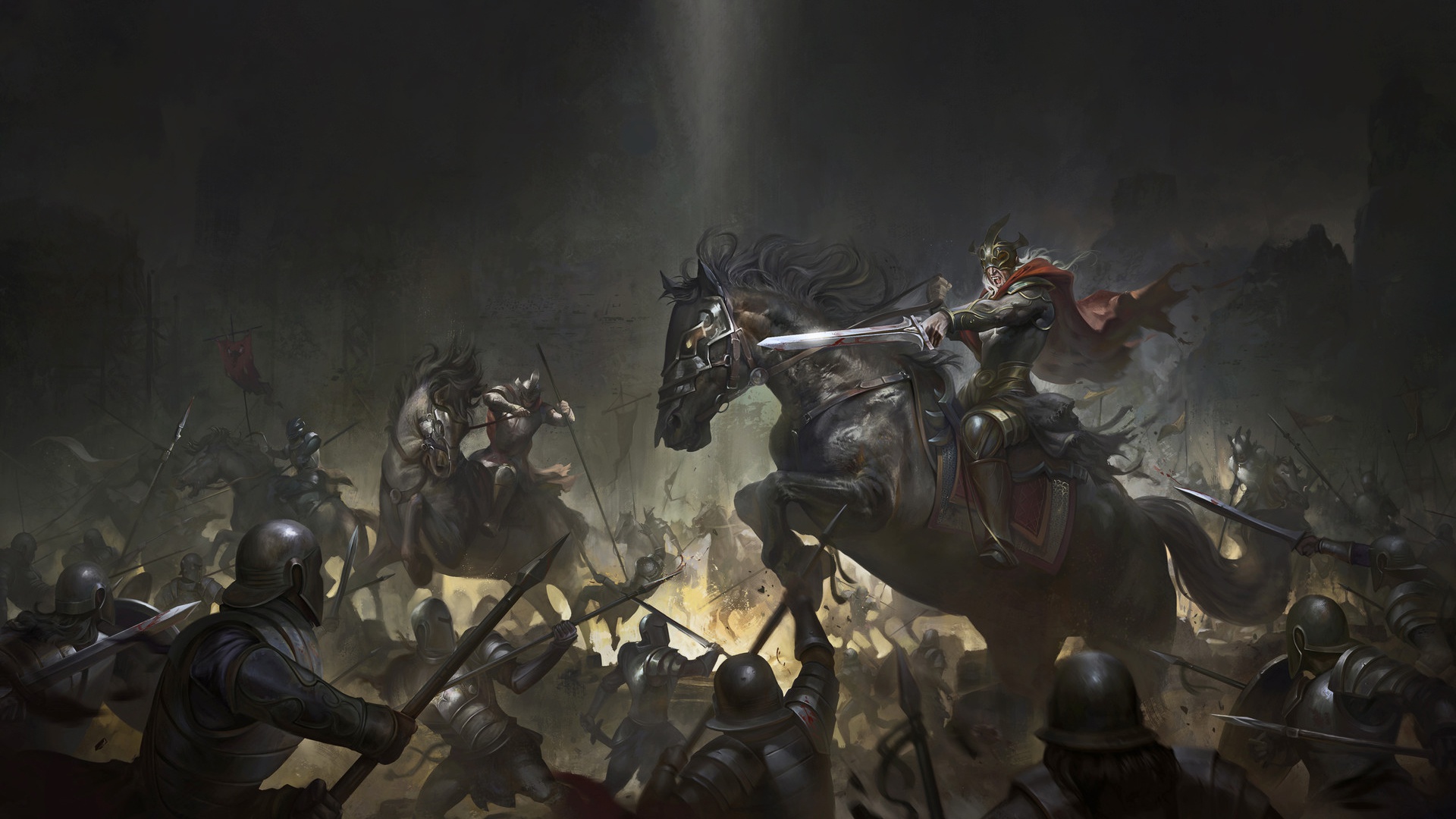 Warriors on horseback in battle with swords and armor HD Wallpaper