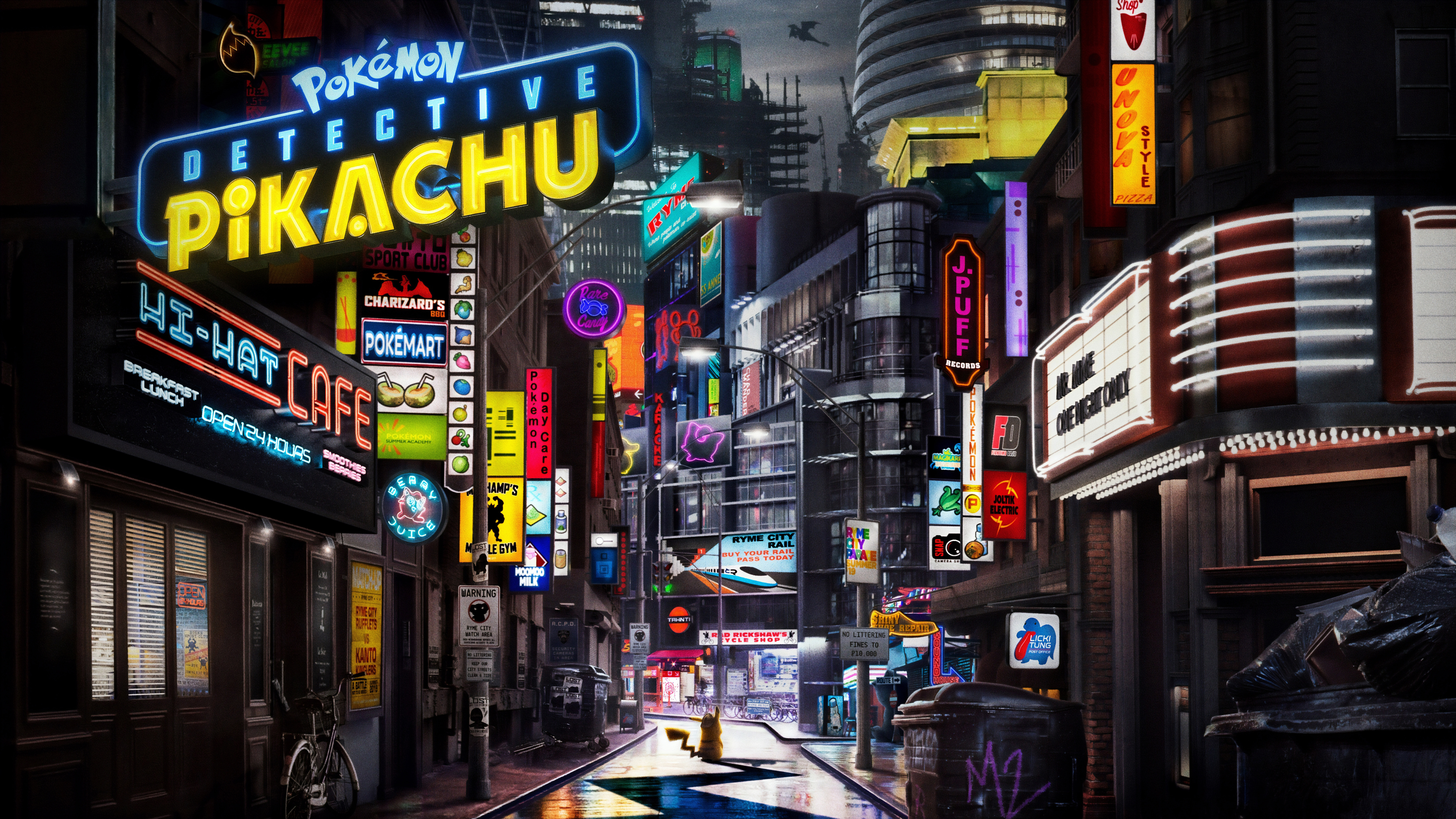Detective Pikachu neon street scene HD Wallpaper