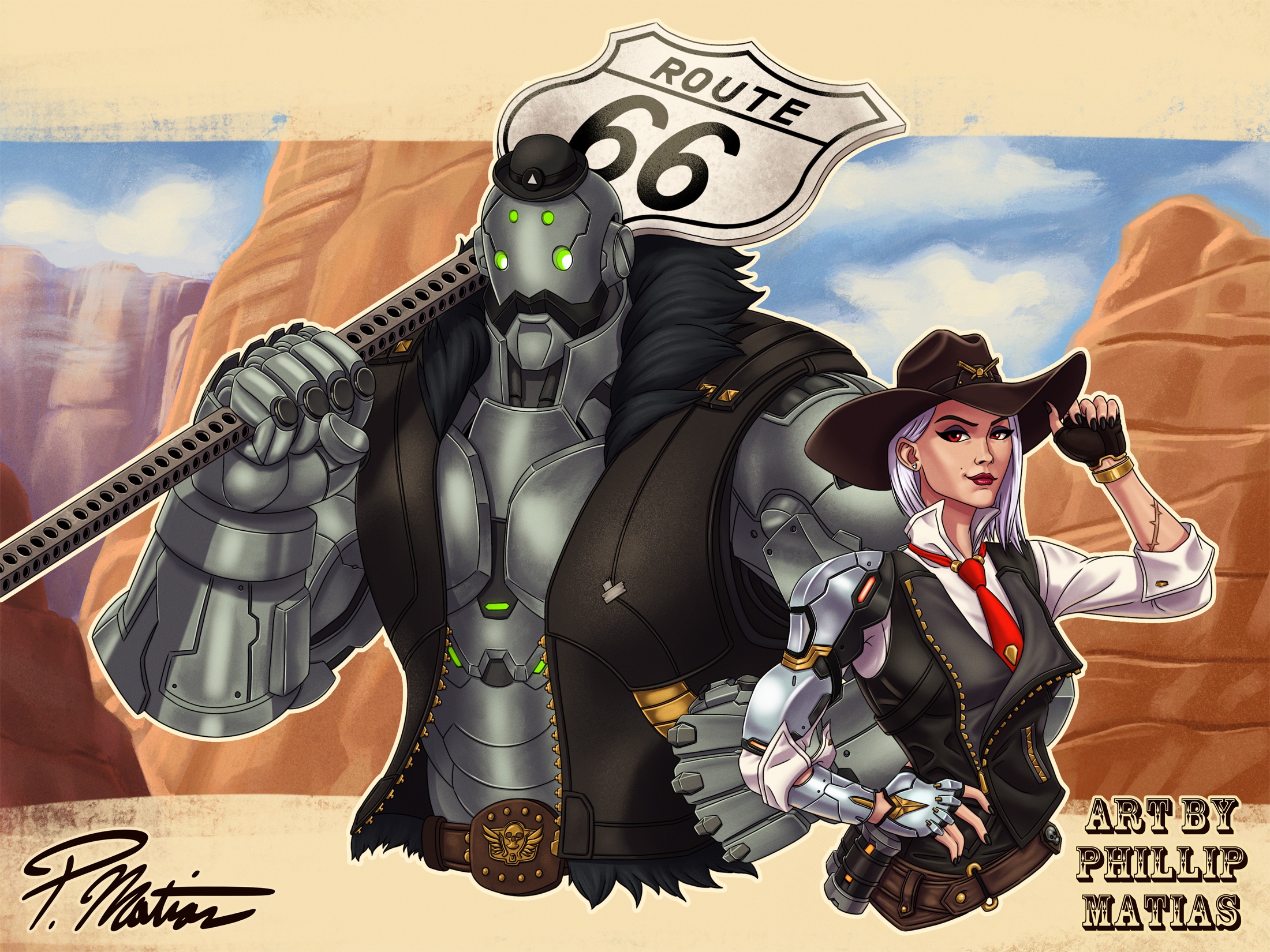 Ashe and B.O.B. from Overwatch on Route 66 HD Wallpaper