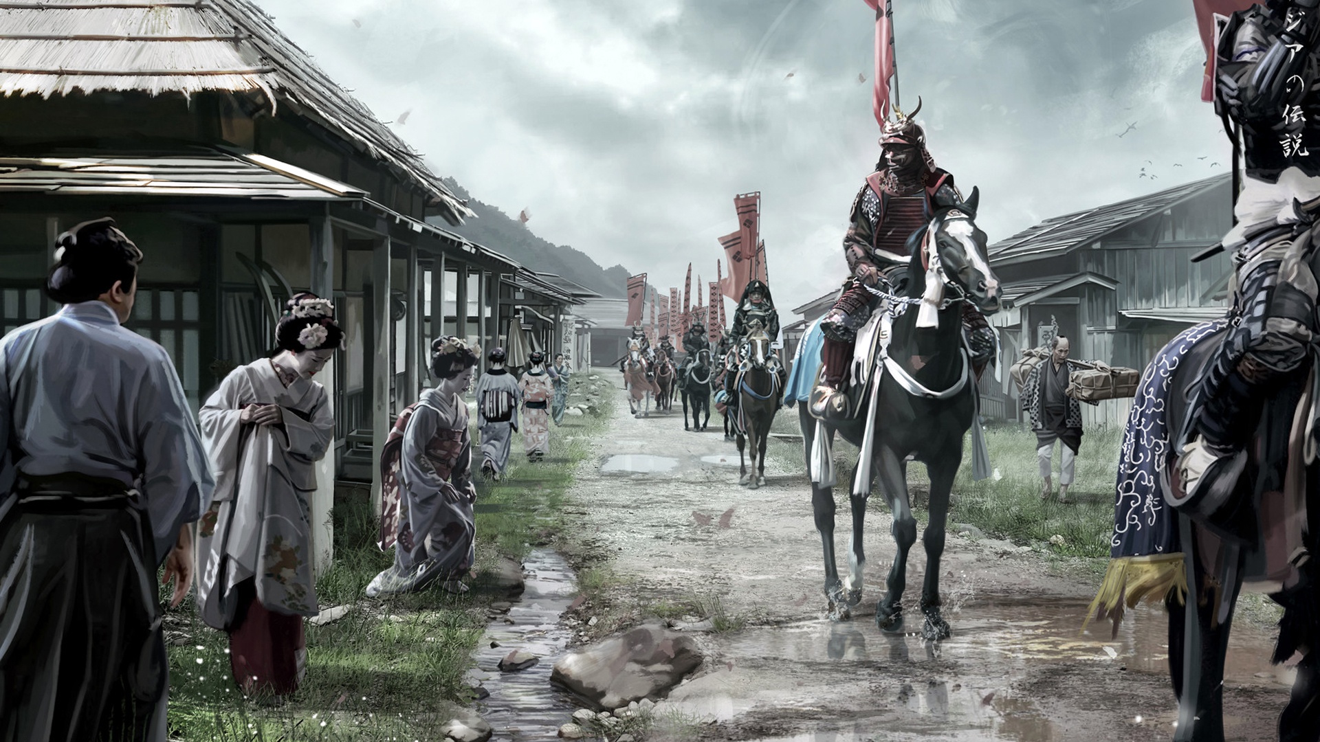 Samurai procession with geishas in a village HD Wallpaper