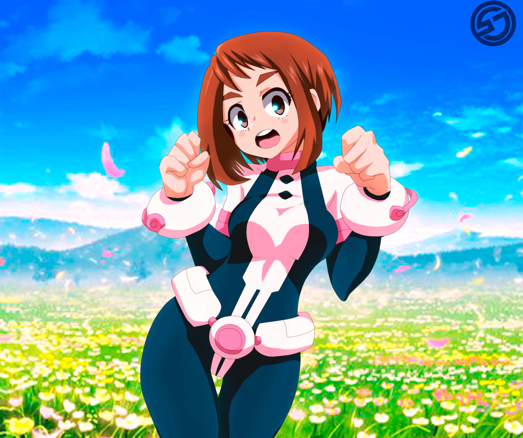 Ochaco Uraraka in Hero Suit with Blossoming Field HD Wallpaper