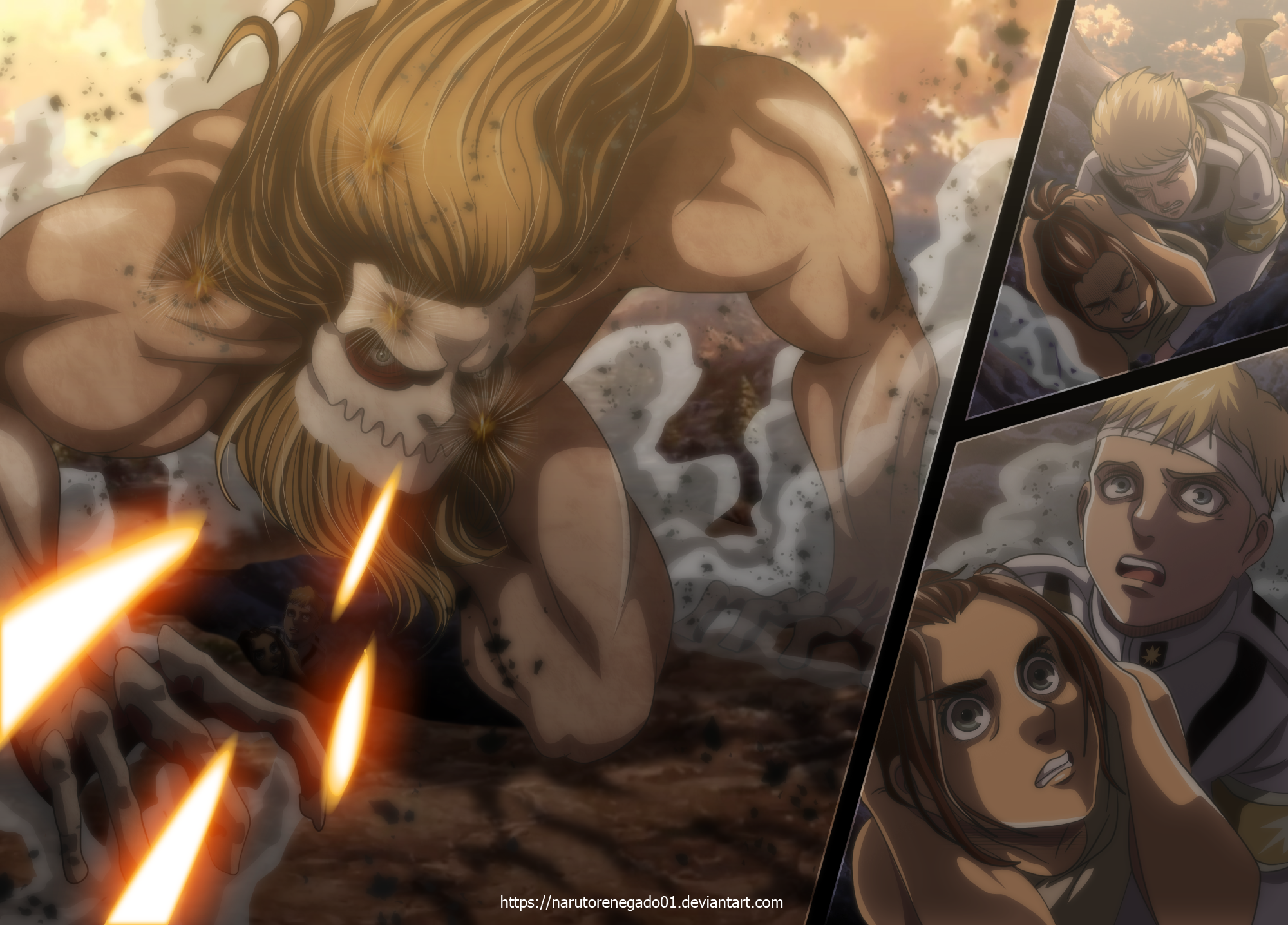 Attack on Titan: Beast Titan attacking soldiers HD Wallpaper