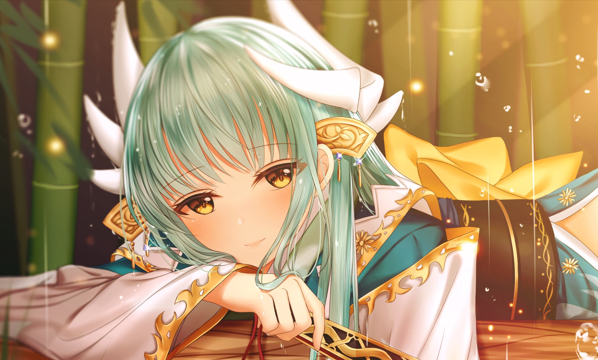 Kiyohime from Fate/Grand Order with green hair and horns HD Wallpaper