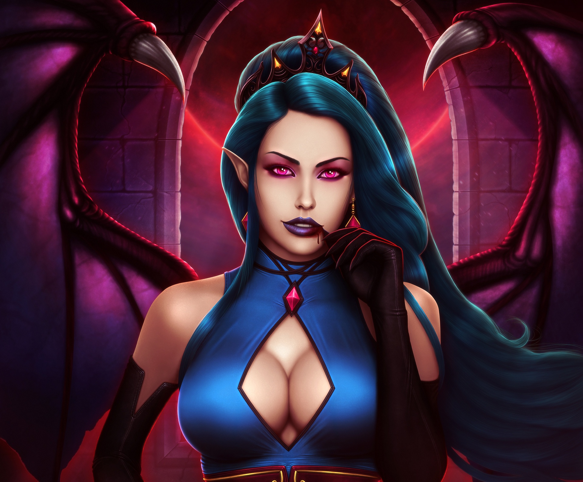 Blue-haired demon woman with pink eyes and wings HD Wallpaper