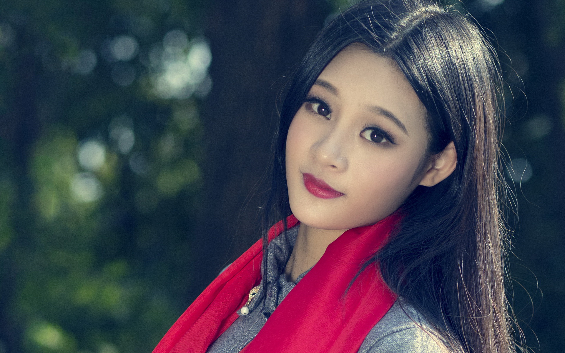 Asian woman with black hair and red scarf HD Wallpaper