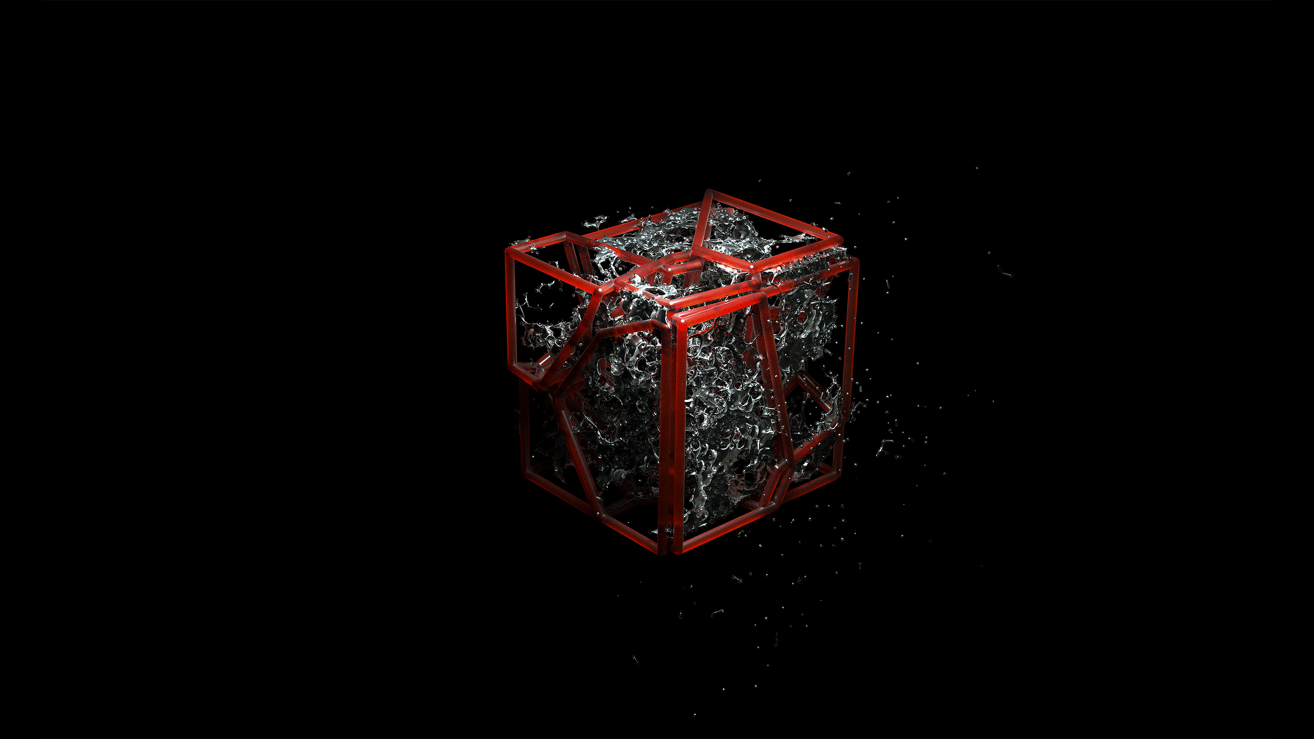 Red cube with water splash on black background HD Wallpaper