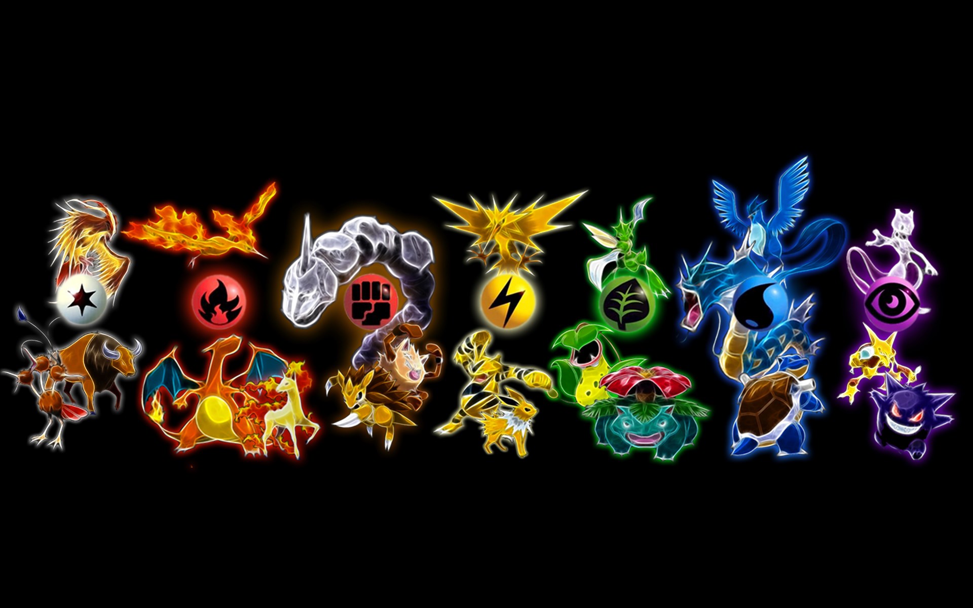 Pokemon characters and elemental symbols HD Wallpaper