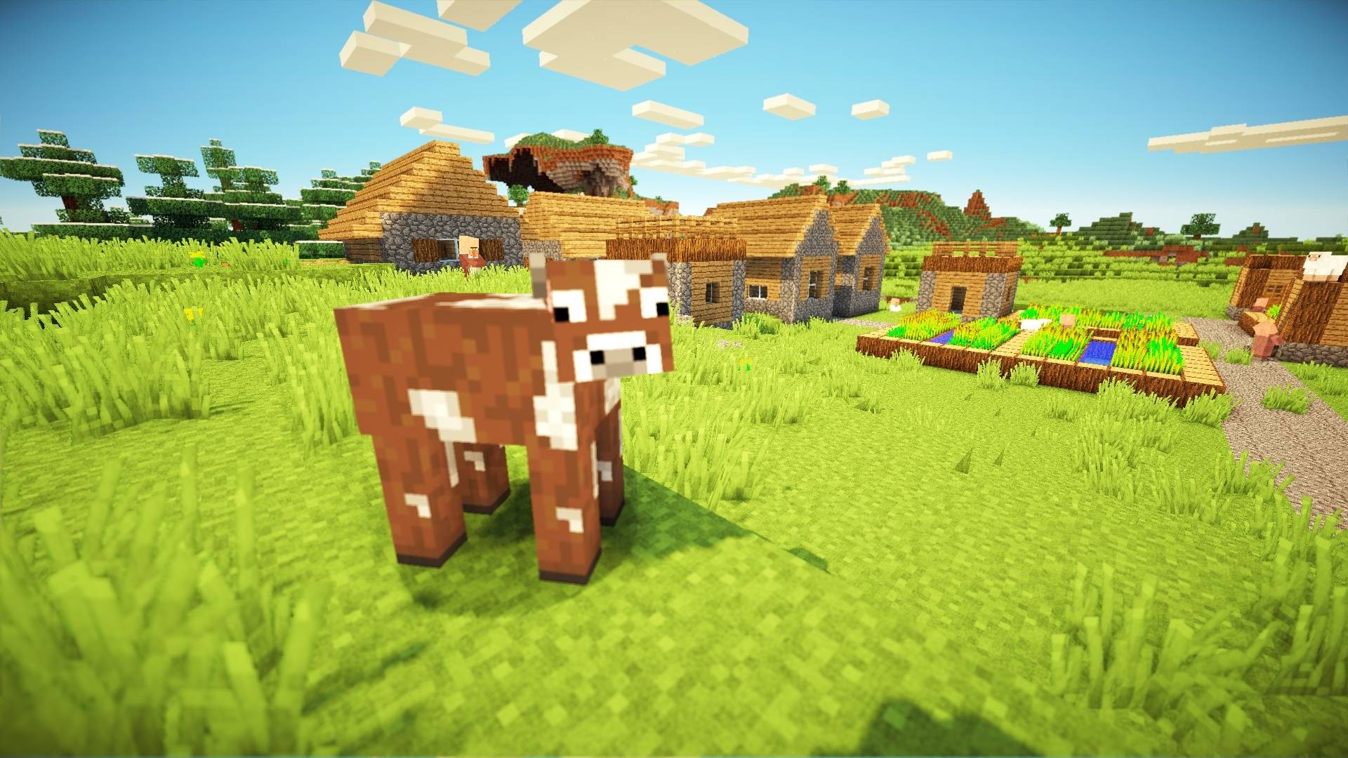 Minecraft village with cow and crops HD Wallpaper