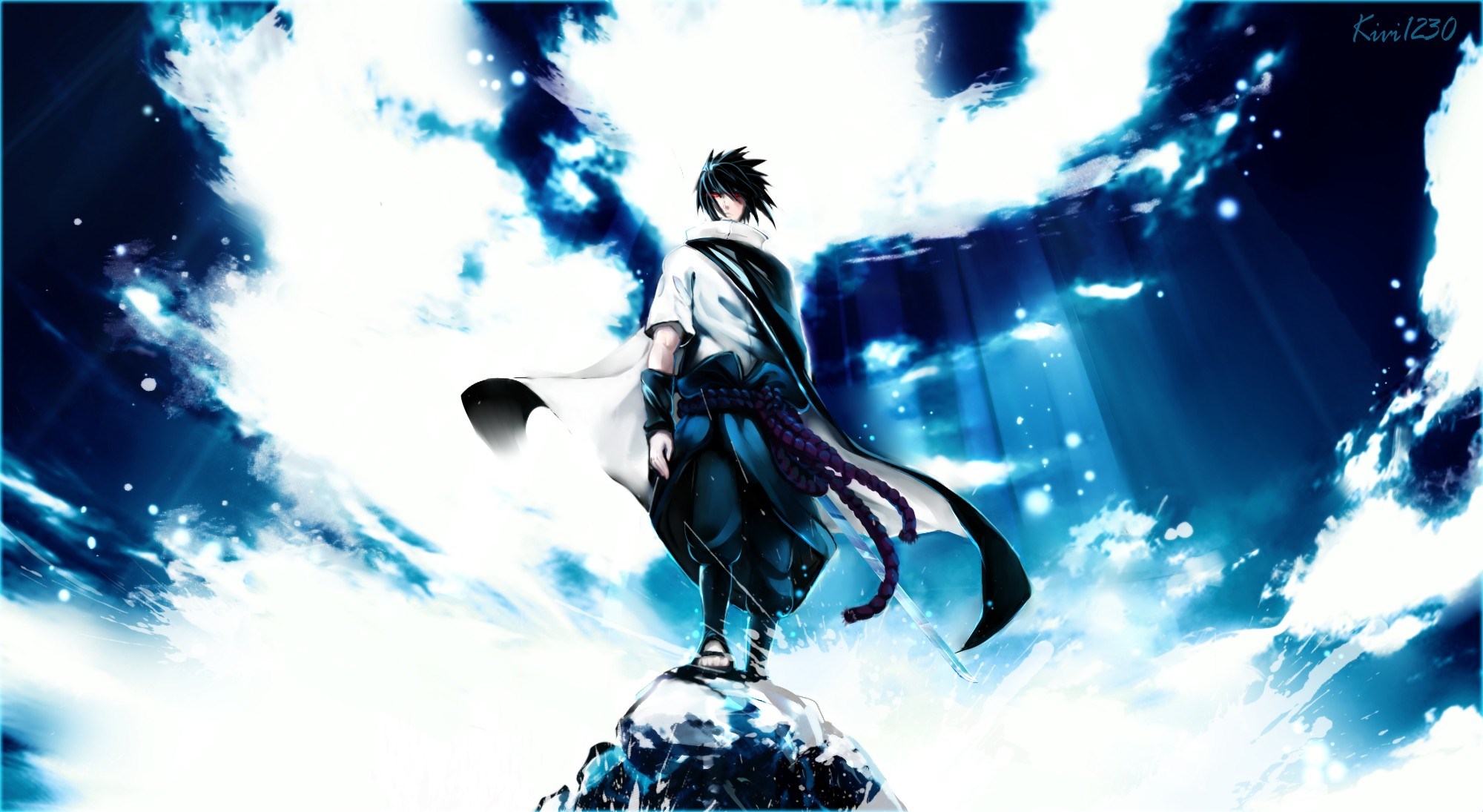 Sasuke Uchiha from Naruto standing on a rock HD Wallpaper