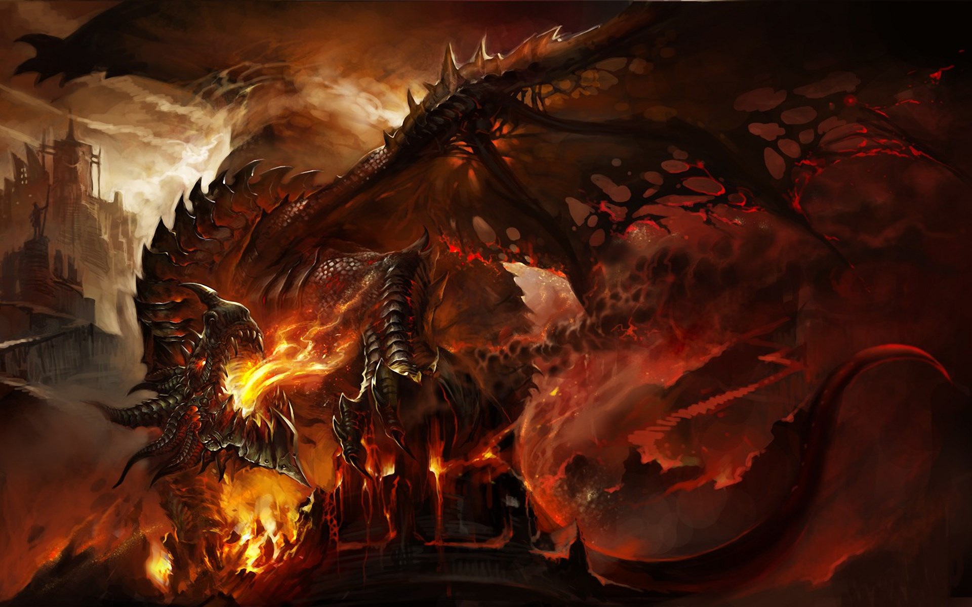 Dragon breathing fire over a ruined city HD Wallpaper