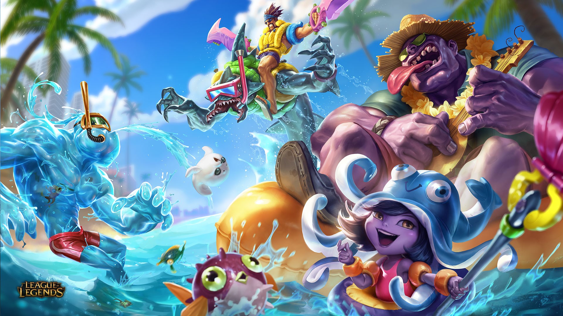 League of Legends Pool Party Characters on Beach HD Wallpaper