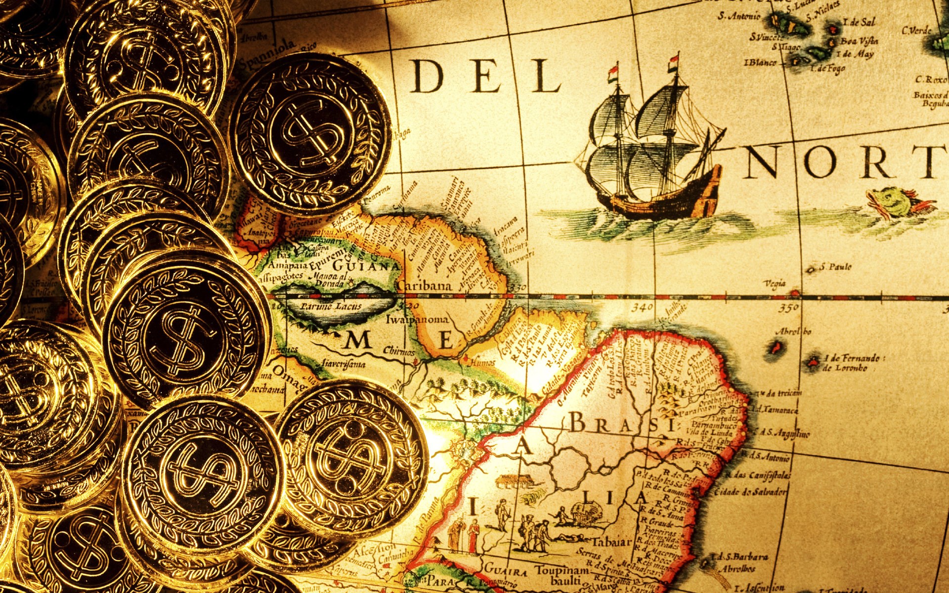 Gold coins on an old map with a ship HD Wallpaper