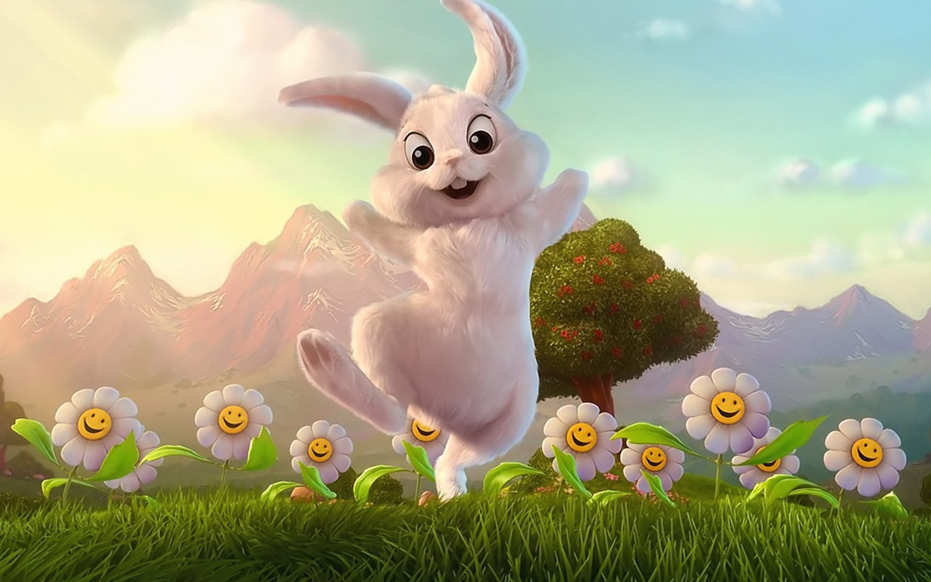 Happy Easter Bunny in a Field of Flowers HD Wallpaper