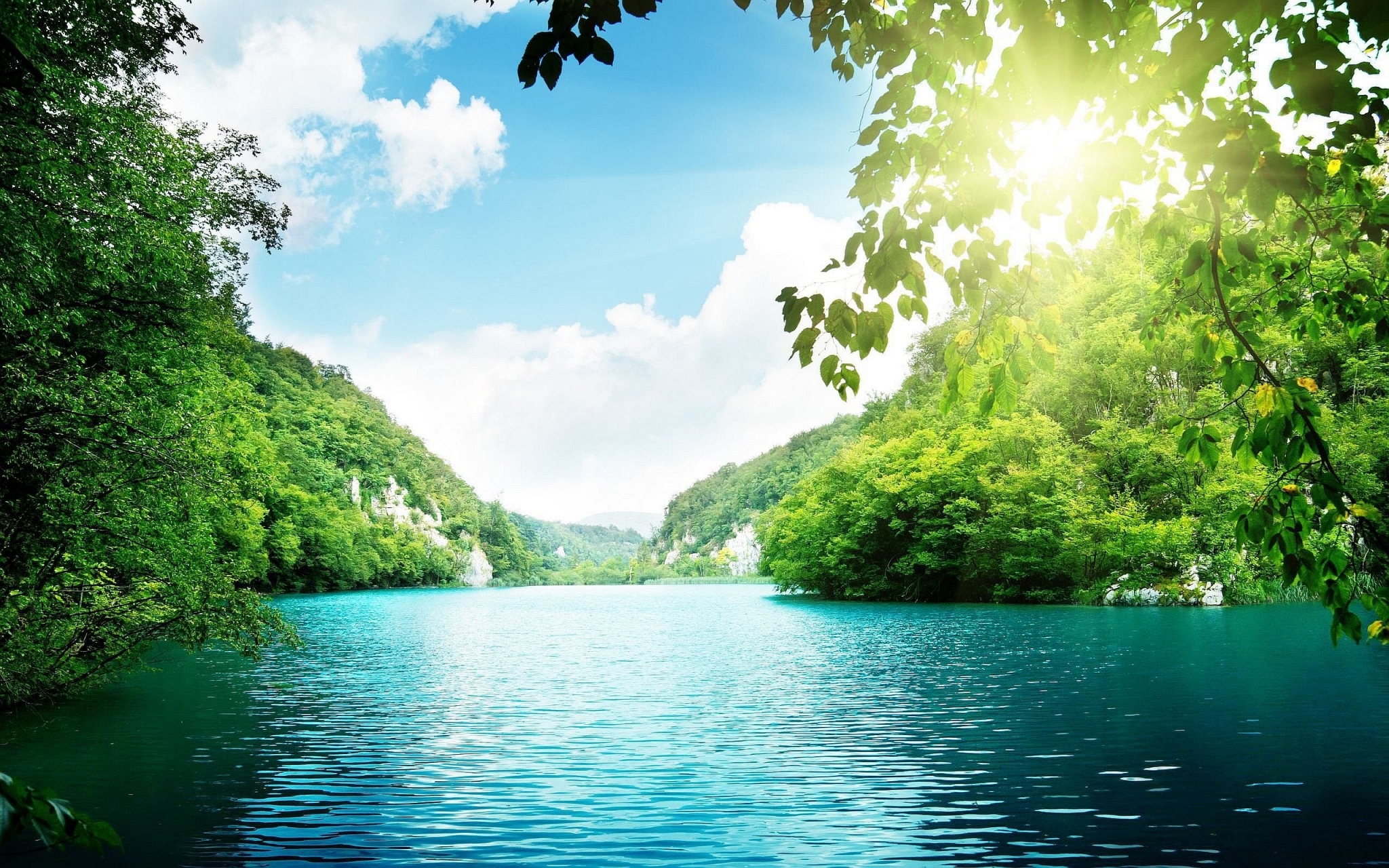 Turquoise lake surrounded by green forest and mountains HD Wallpaper
