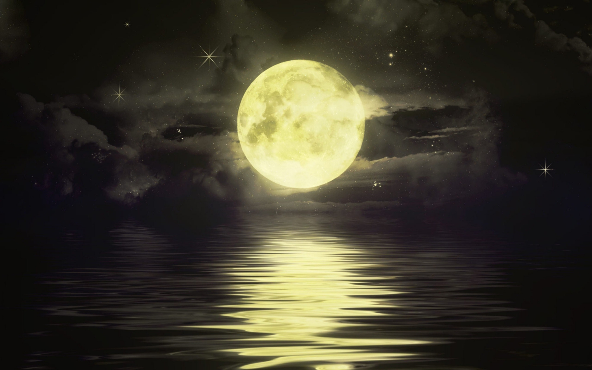 Full moon over water at night HD Wallpaper