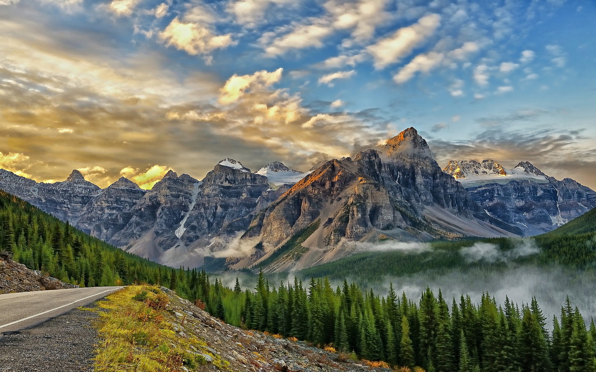 Mountain Range with Road and Forest HD Wallpaper