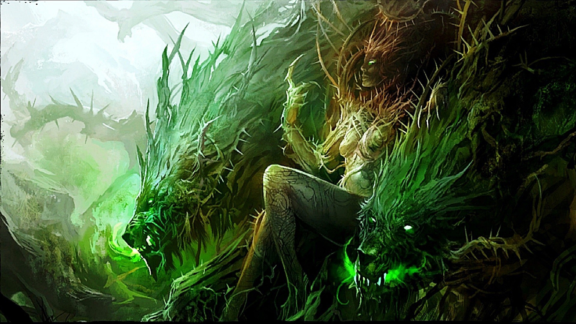 Fantasy woman with thorny vines and monstrous creatures HD Wallpaper