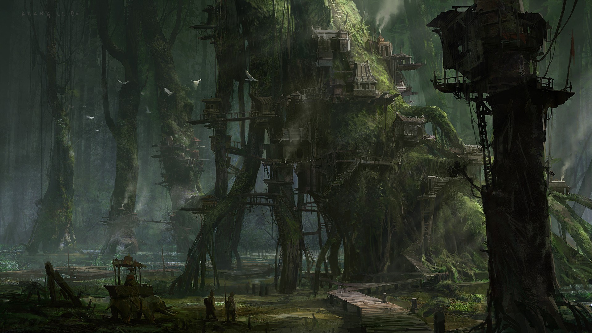 Fantasy swamp village built on trees HD Wallpaper