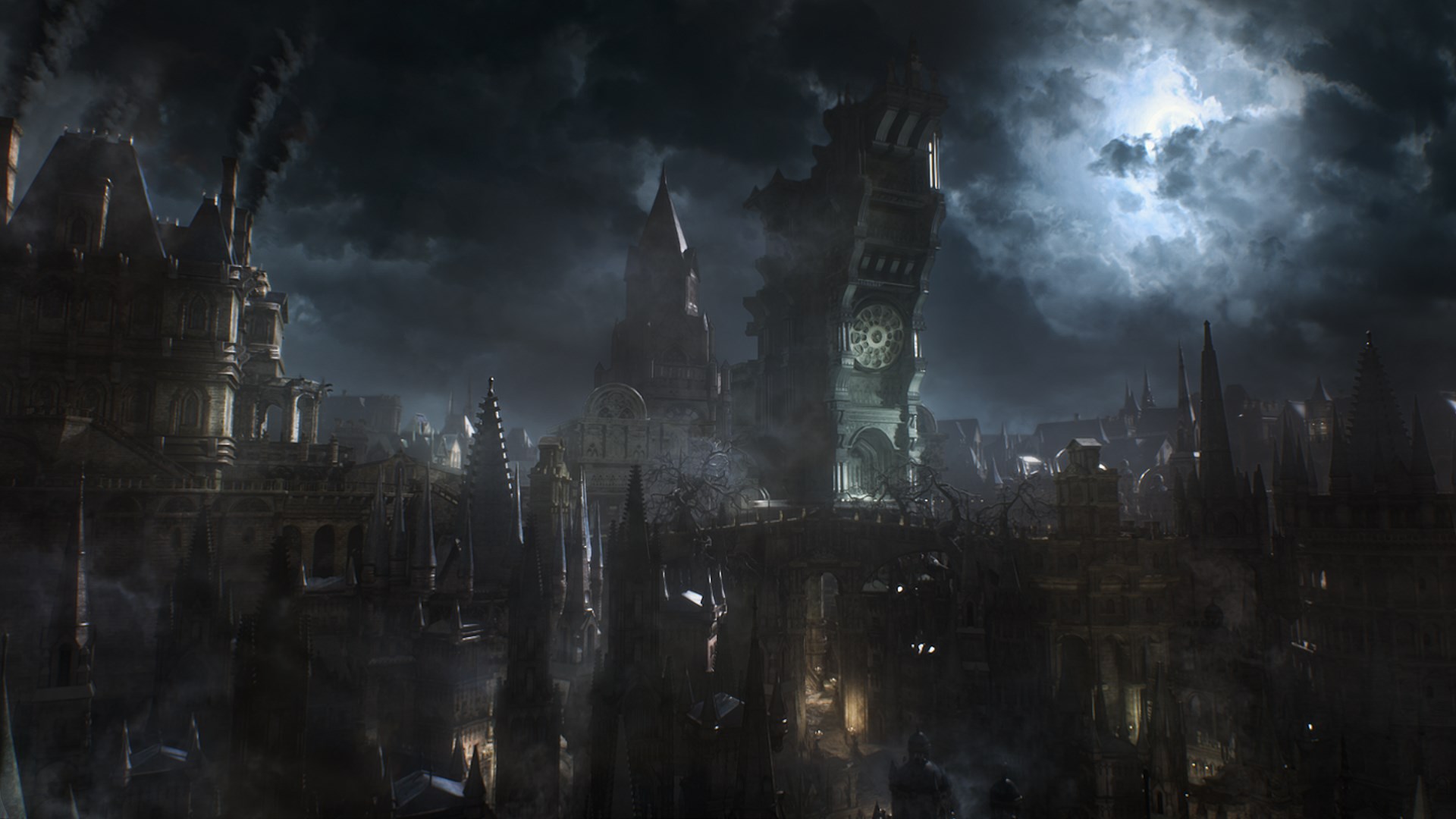 Dark gothic city with clock tower under stormy sky HD Wallpaper