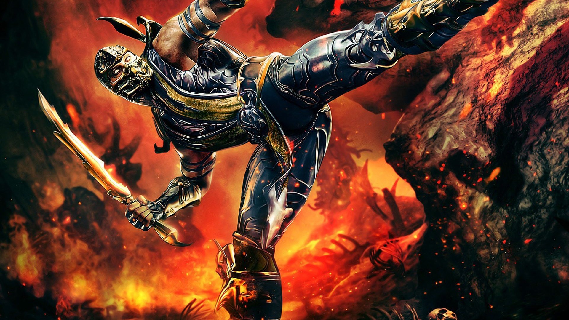 Scorpion from Mortal Kombat performing a kick HD Wallpaper