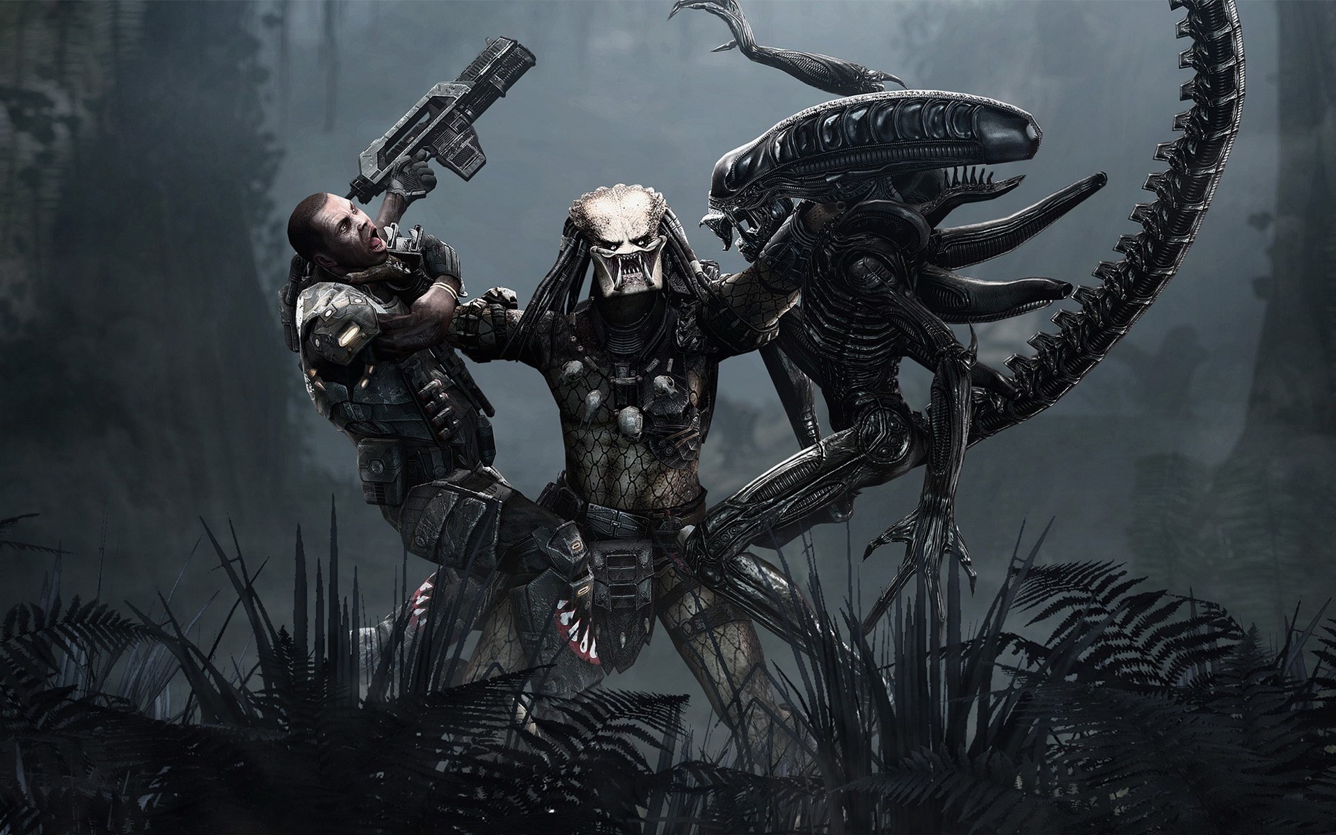 Predator and Alien fighting a soldier HD Wallpaper