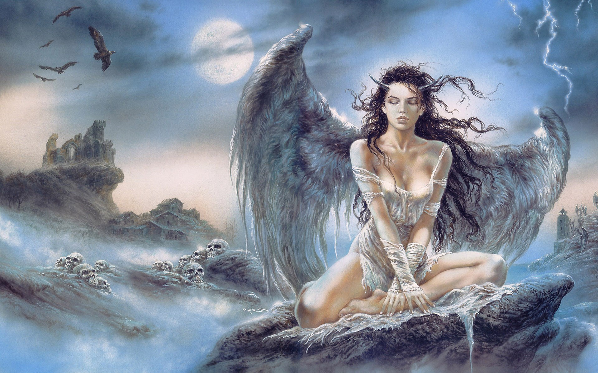 Angel sitting on rocks with skulls and ruins HD Wallpaper