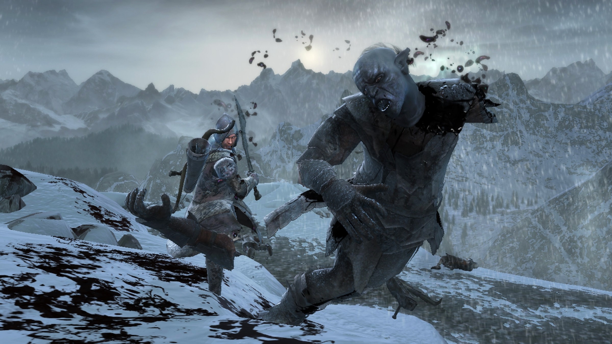 Orc and warrior fighting in snowy mountains HD Wallpaper