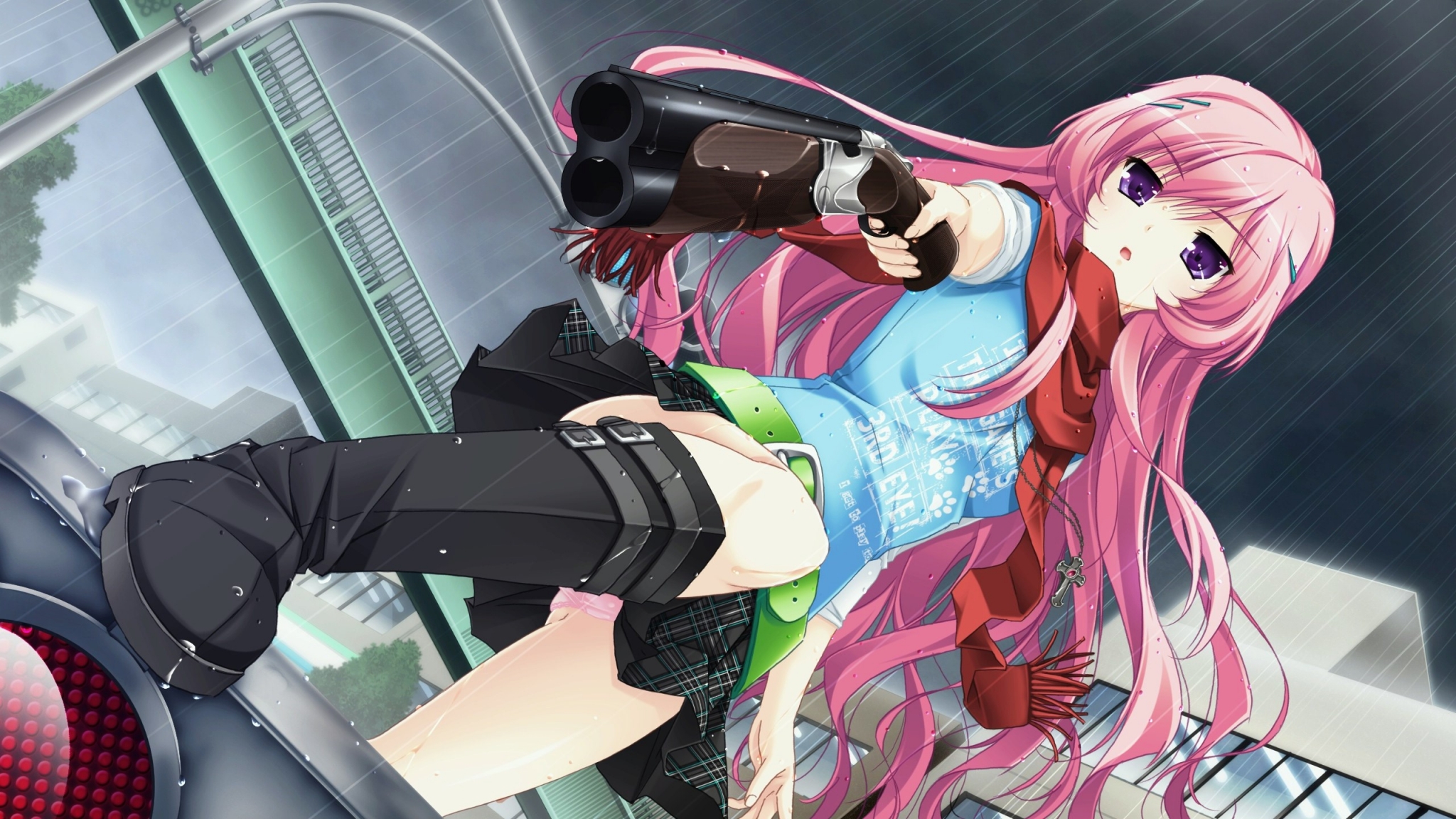 Anime girl with pink hair holding a shotgun HD Wallpaper