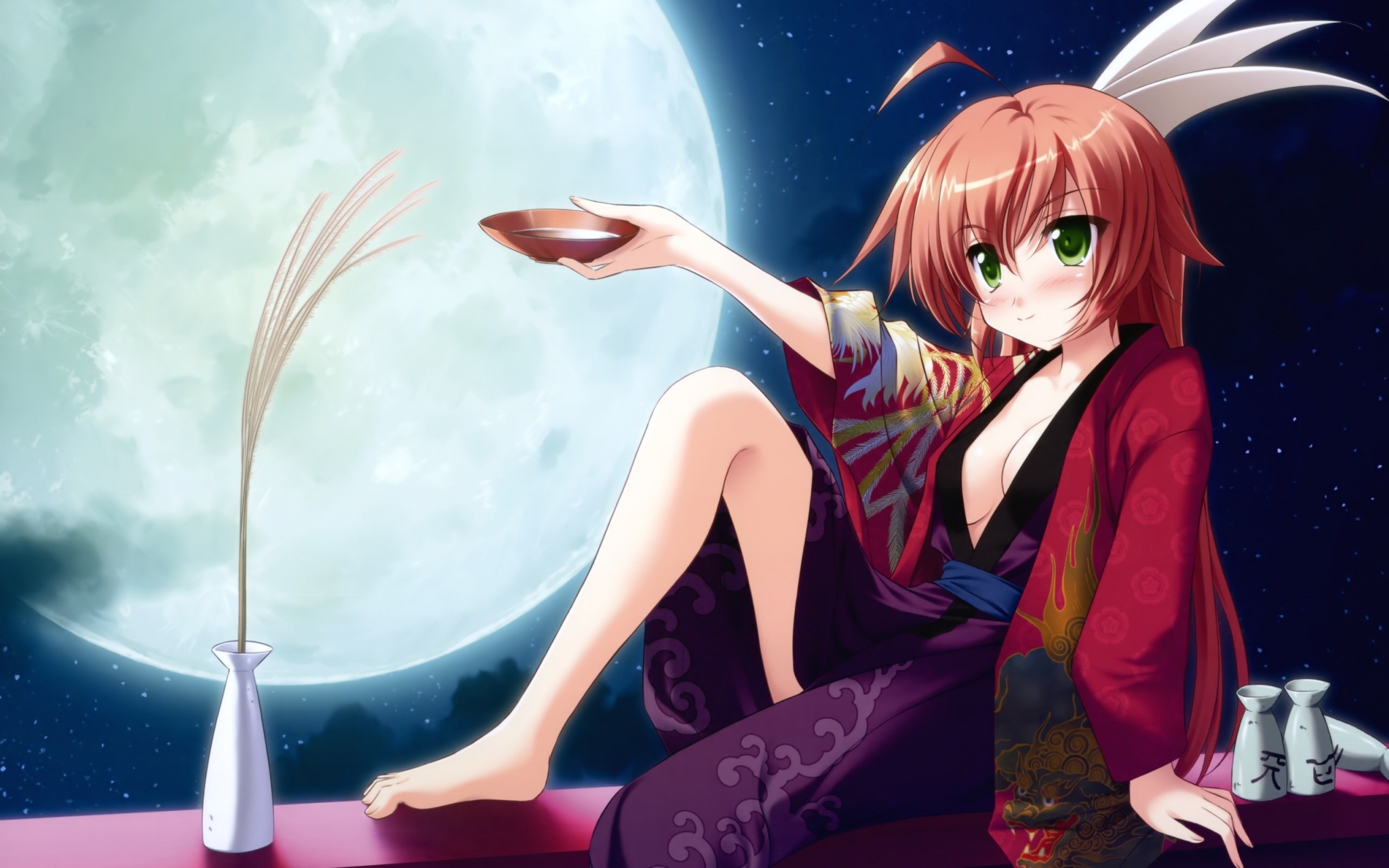 Anime girl in kimono with sake cup under the moon HD Wallpaper