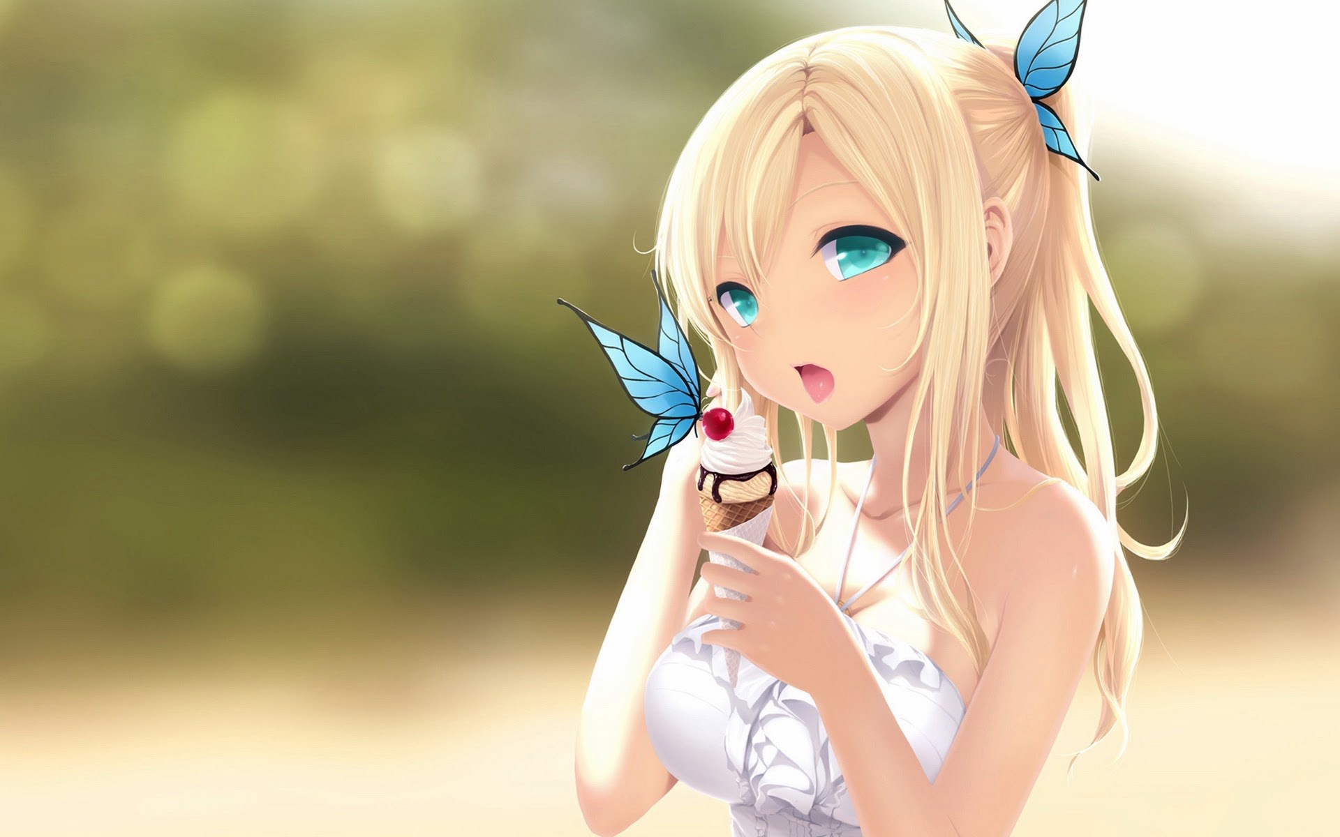 Anime girl with ice cream and butterflies HD Wallpaper