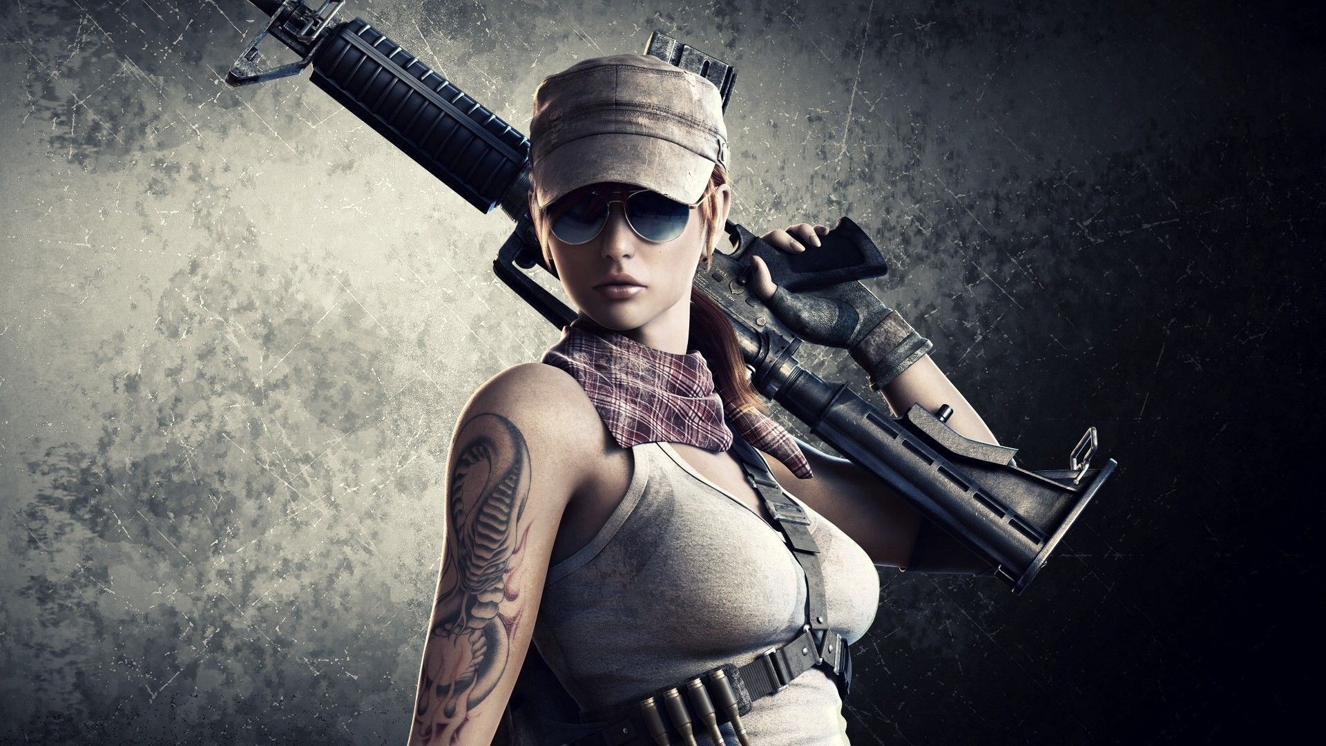 Woman in cap holding a rifle HD Wallpaper