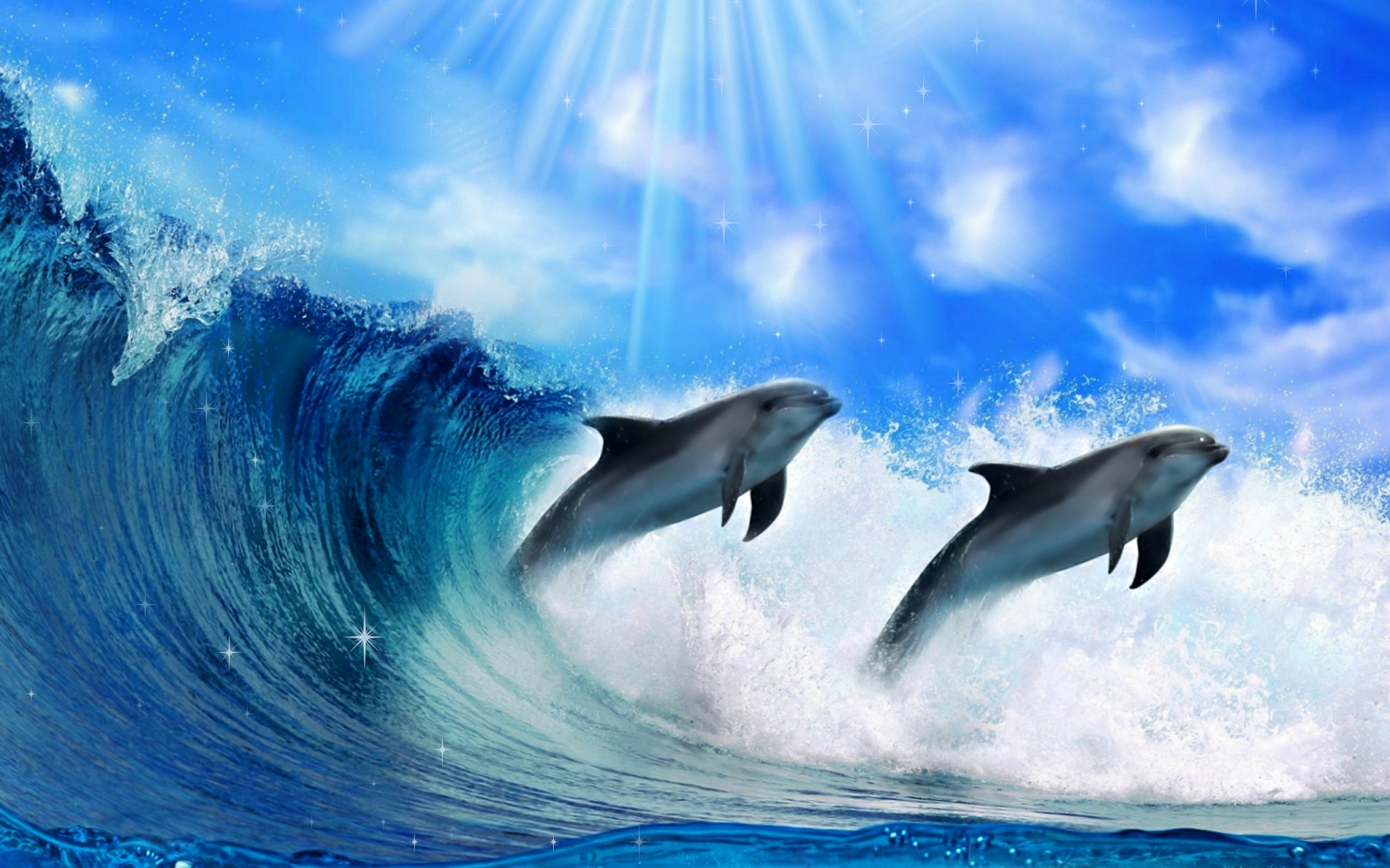 Two dolphins jumping out of a wave HD Wallpaper