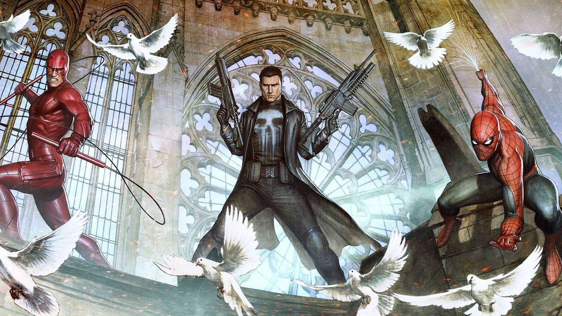Daredevil, Punisher, and Spider-Man with Doves HD Wallpaper