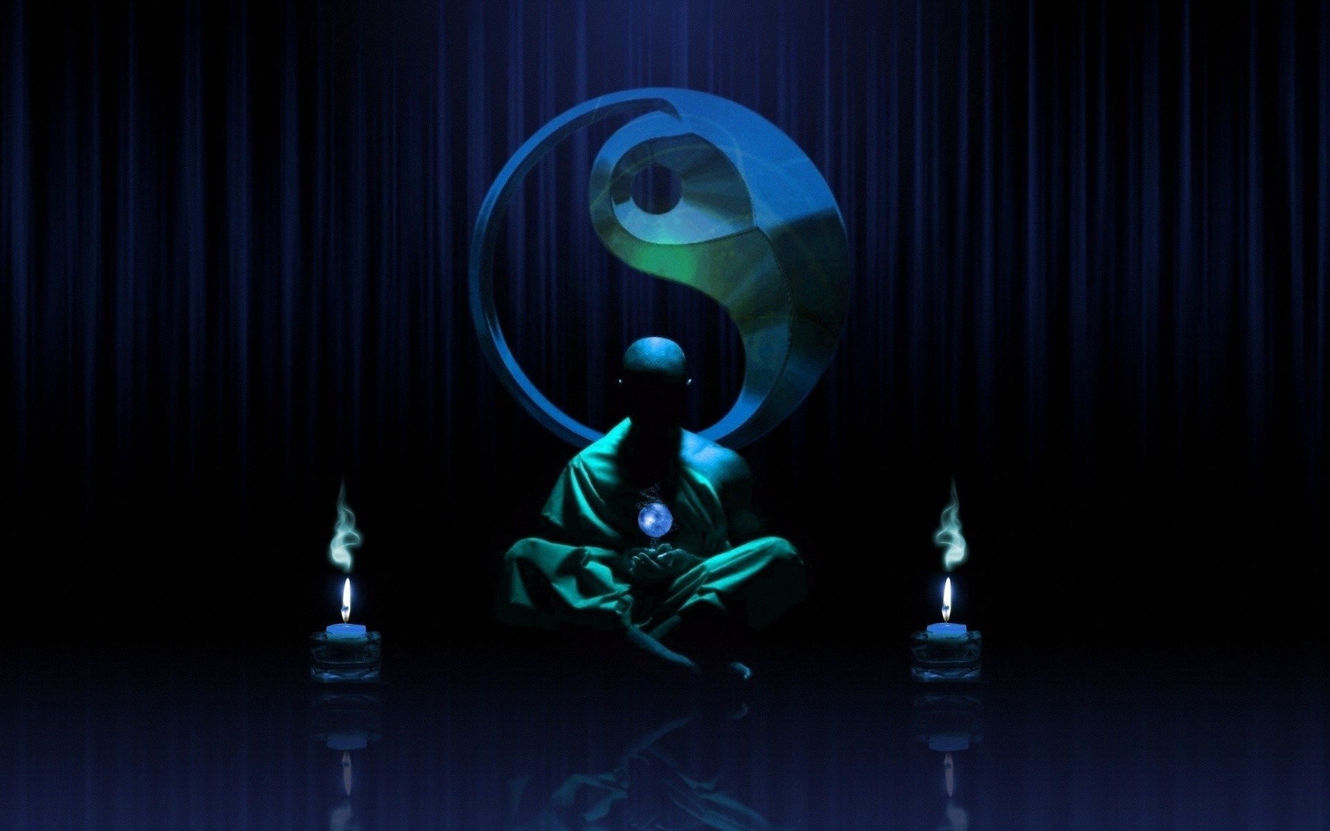 Monk meditating with Yin Yang symbol and candles HD Wallpaper