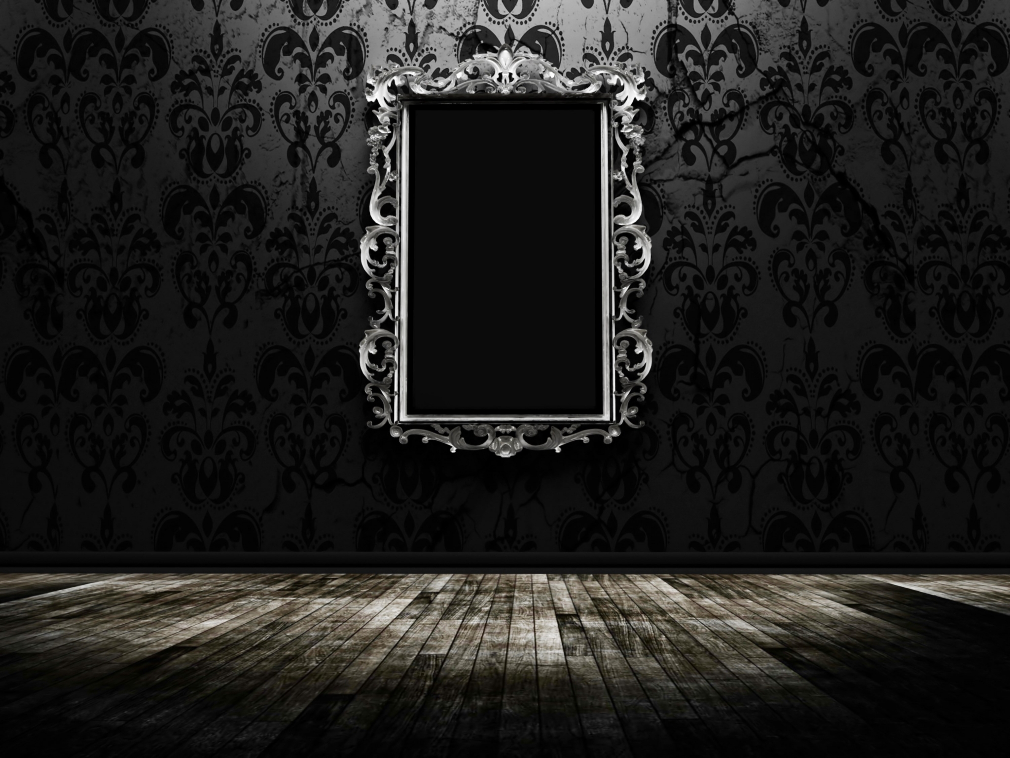Ornate mirror on damask wallpaper HD Wallpaper