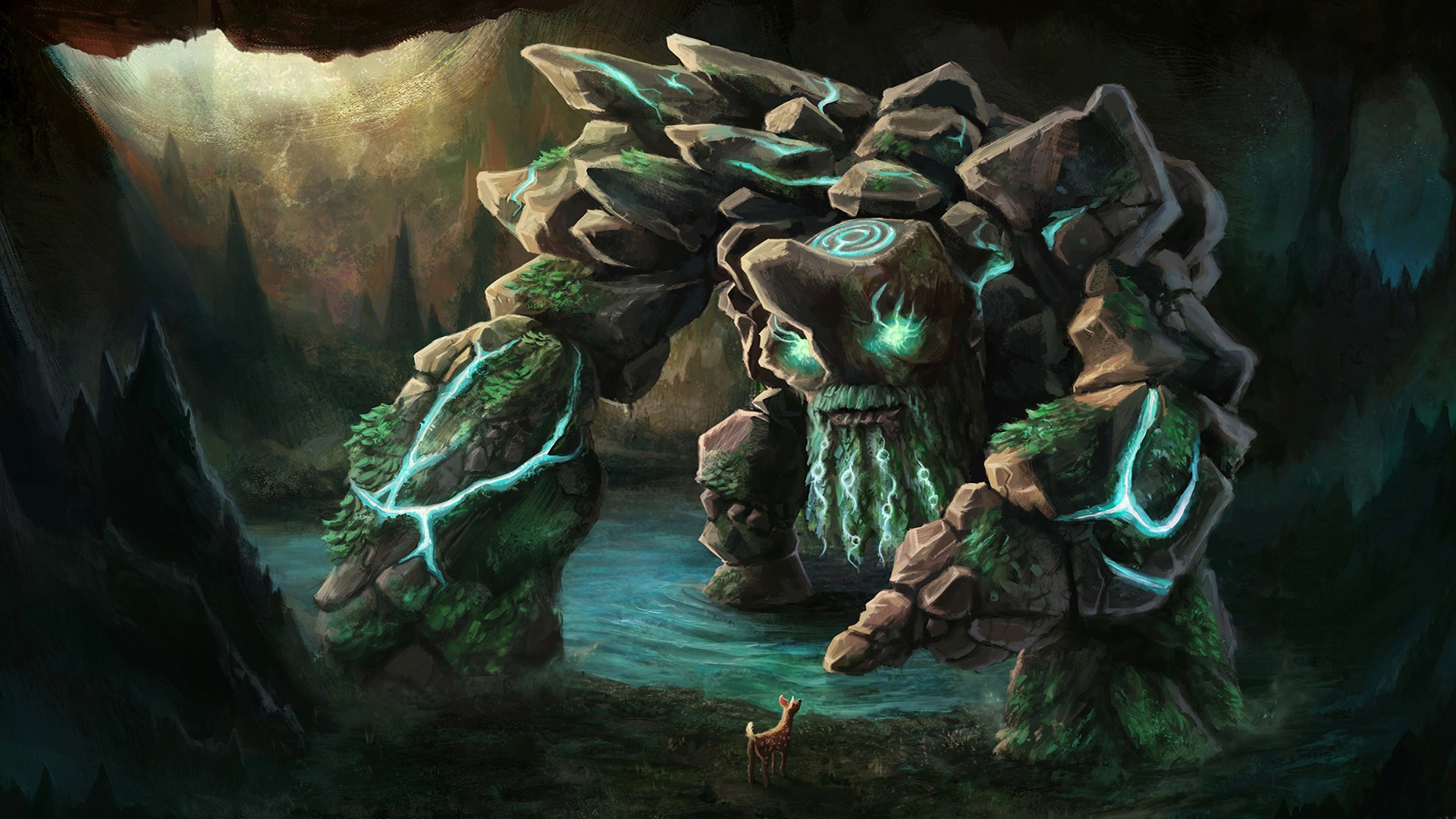 Stone Golem and Deer in Cave HD Wallpaper
