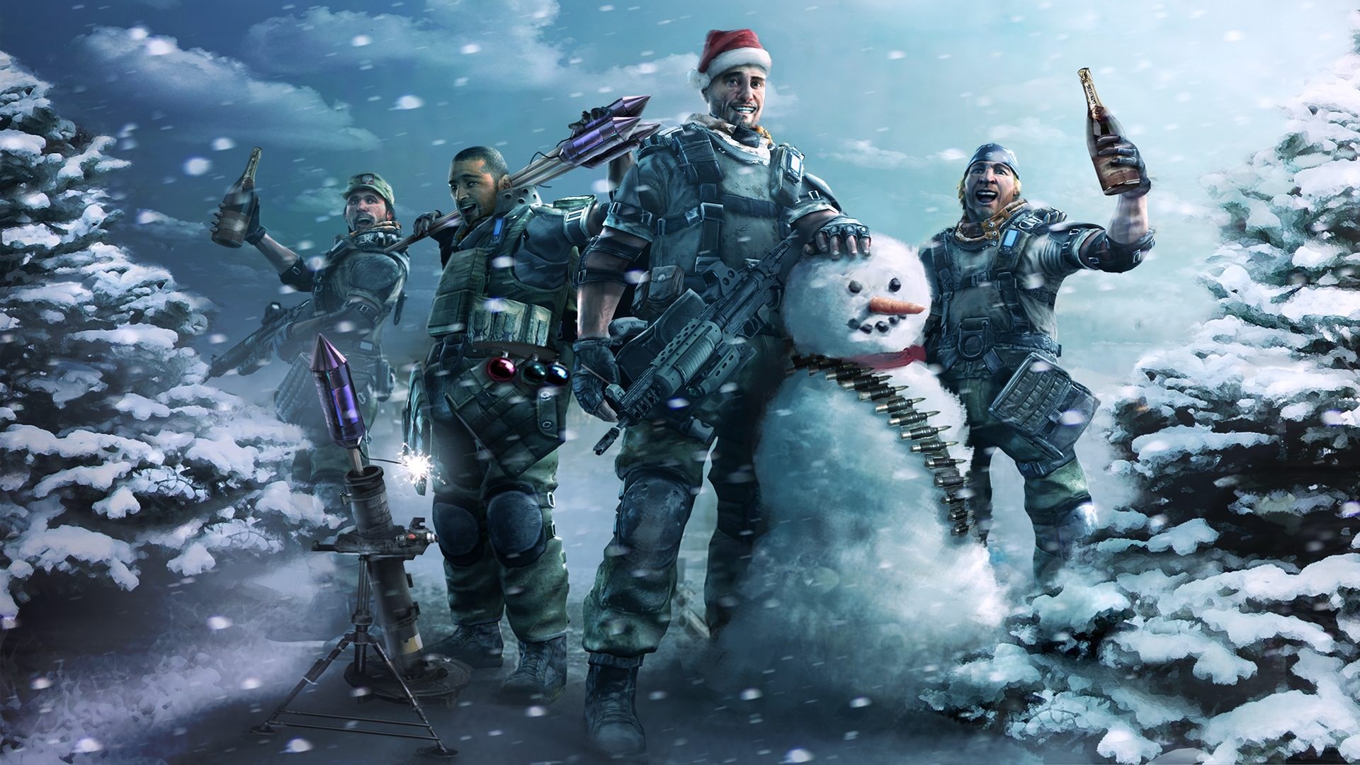 Soldiers celebrating Christmas with a snowman HD Wallpaper