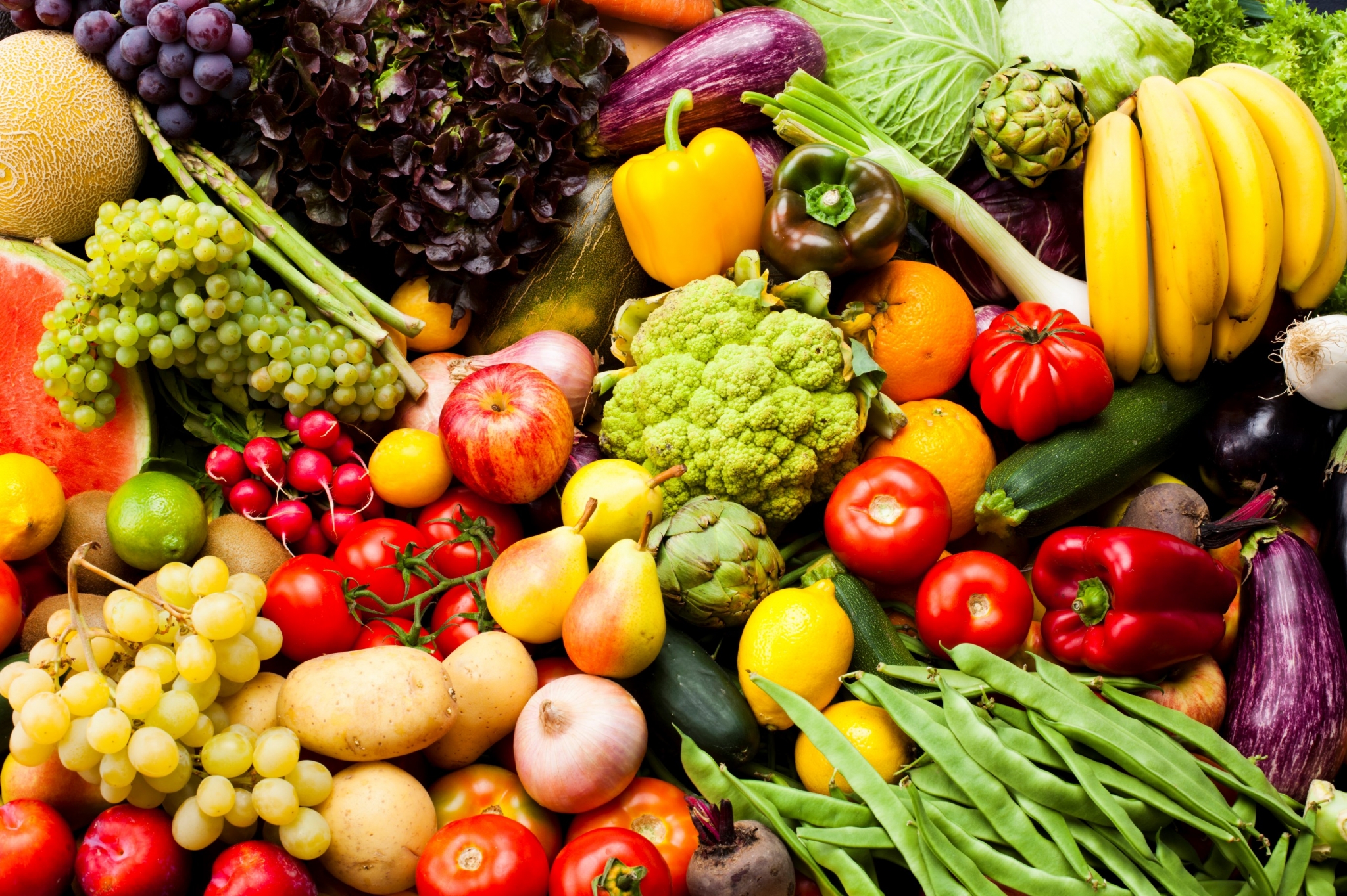 A vibrant assortment of fresh fruits and vegetables HD Wallpaper