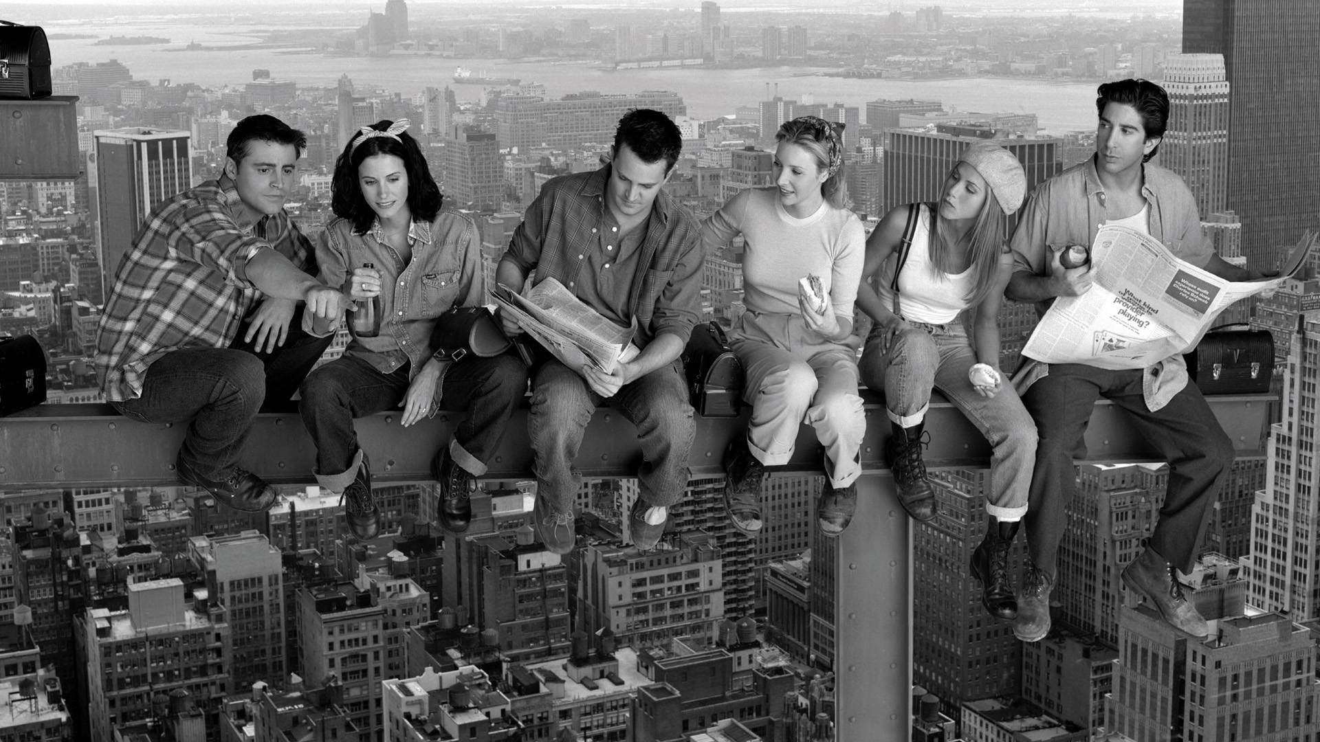 Friends cast sitting on a beam over New York City HD Wallpaper
